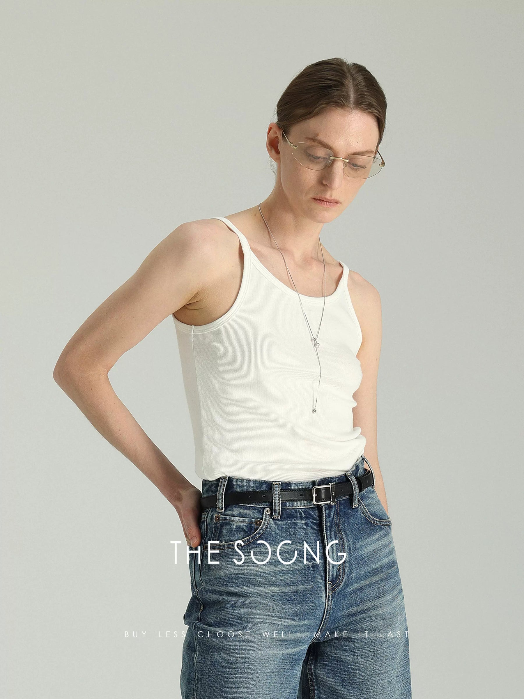 THESOONG/ Small vest cotton-feel knitted white U-neck camisole tank top for women soft wrinkle-resistant versatile top