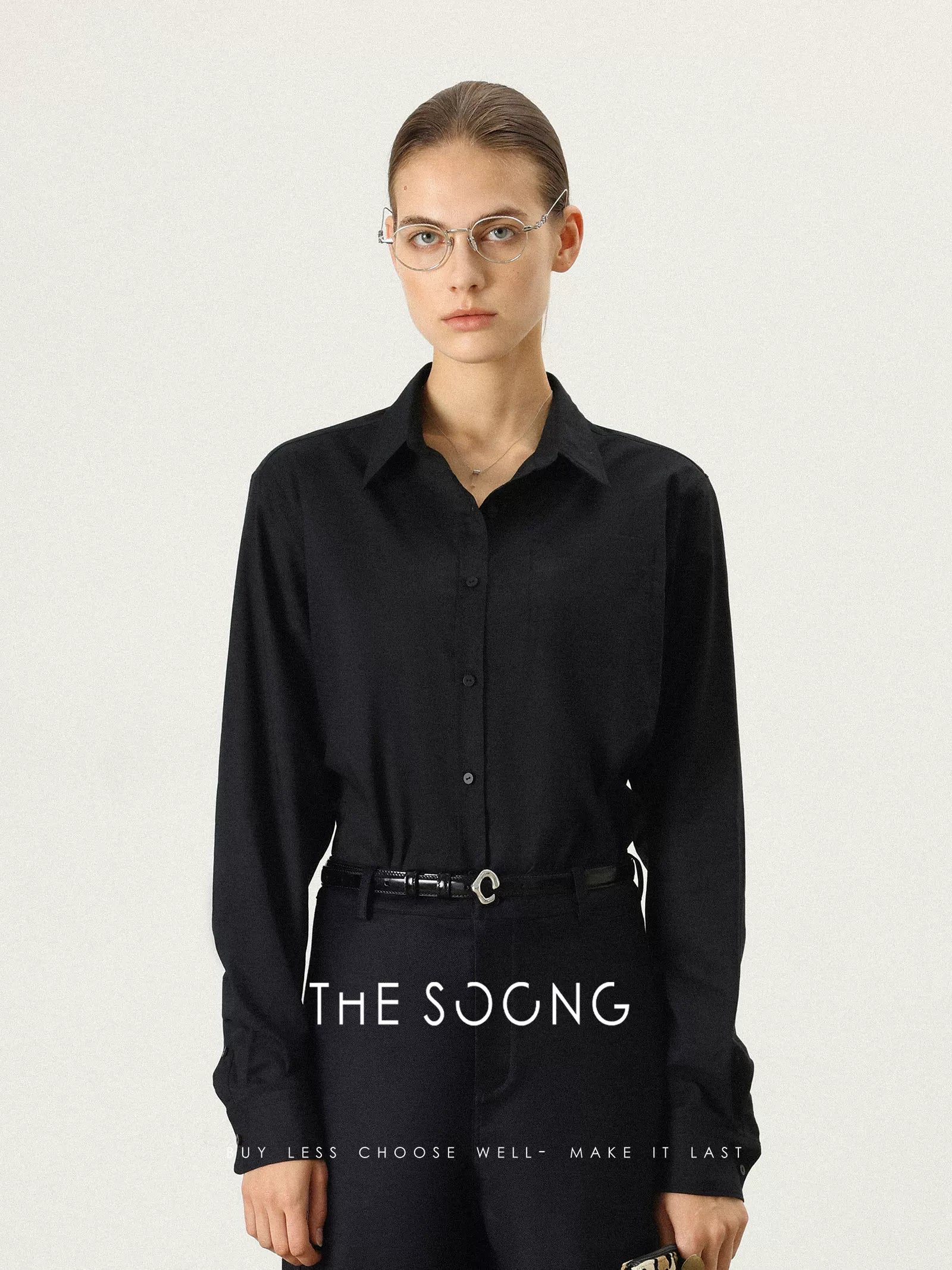 THESOONG/Minimalist Black and White Long Sleeve Shirt for Women 60S Cotton Soft Washed Collared Casual Top 7566