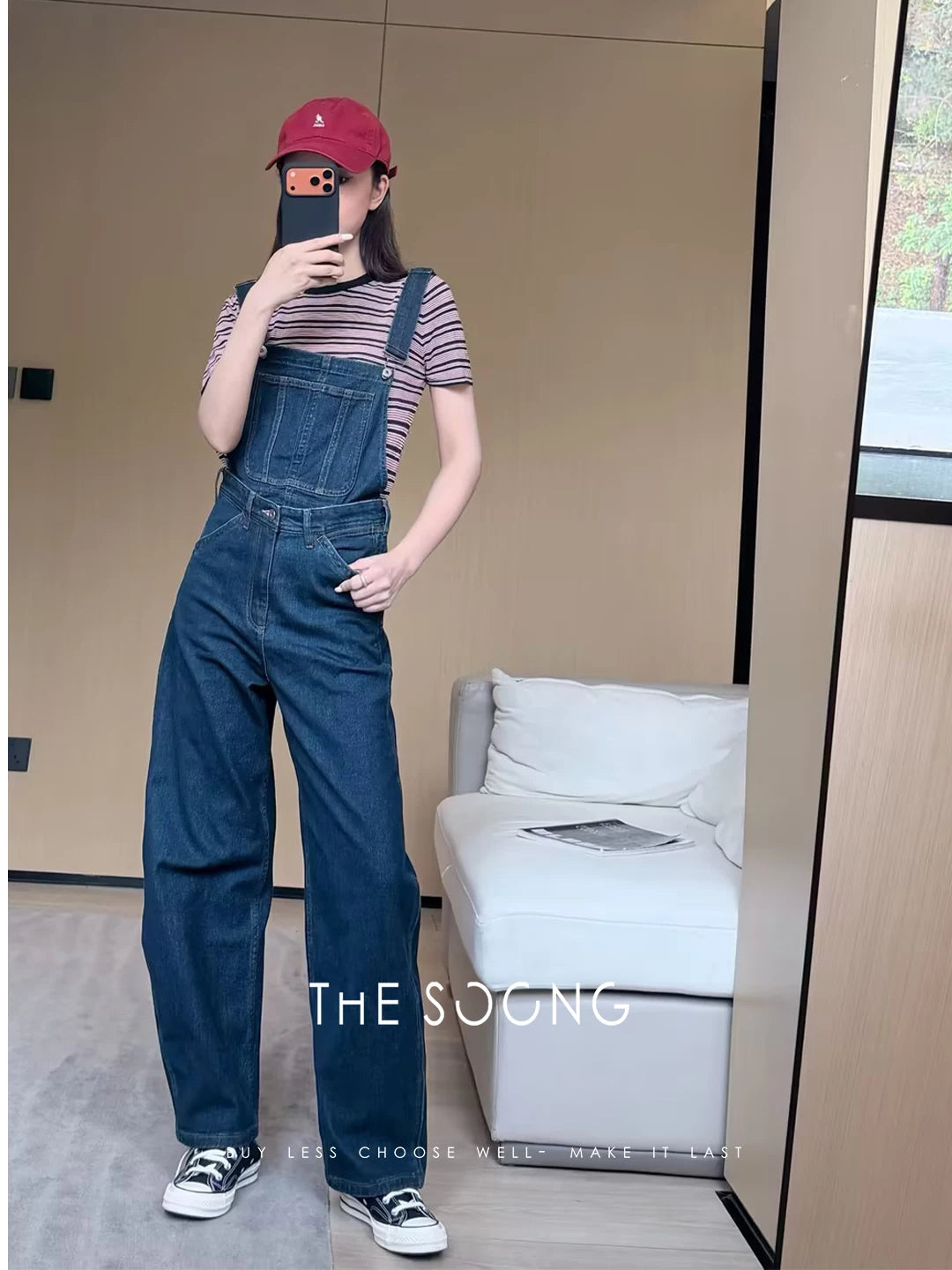 THESOONG/随性百搭 春夏可拆卸背带高腰阔腿牛仔连体裤女8882