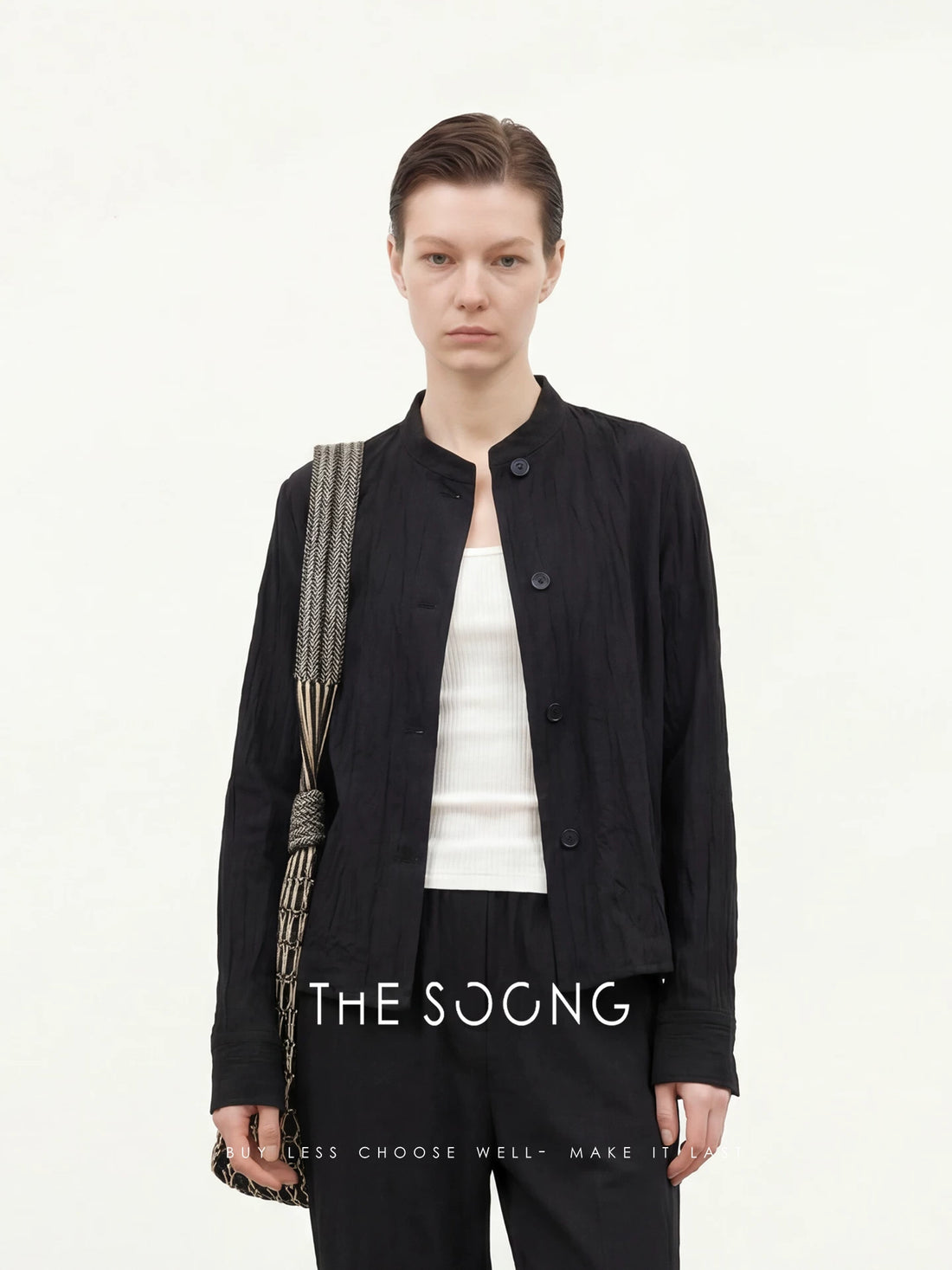 THESOONG/Minimalist silhouette stand collar single-breasted drop shoulder long sleeve shirt thin women's jacket 8601