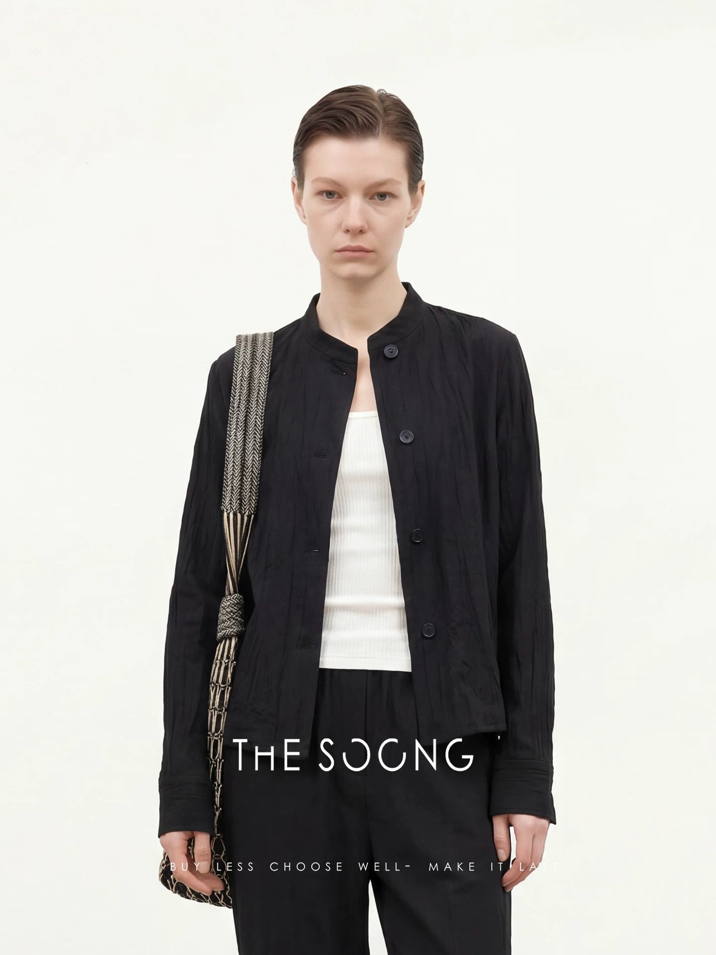 THESOONG/Minimalist silhouette stand collar single-breasted drop shoulder long sleeve shirt thin women's jacket 8601