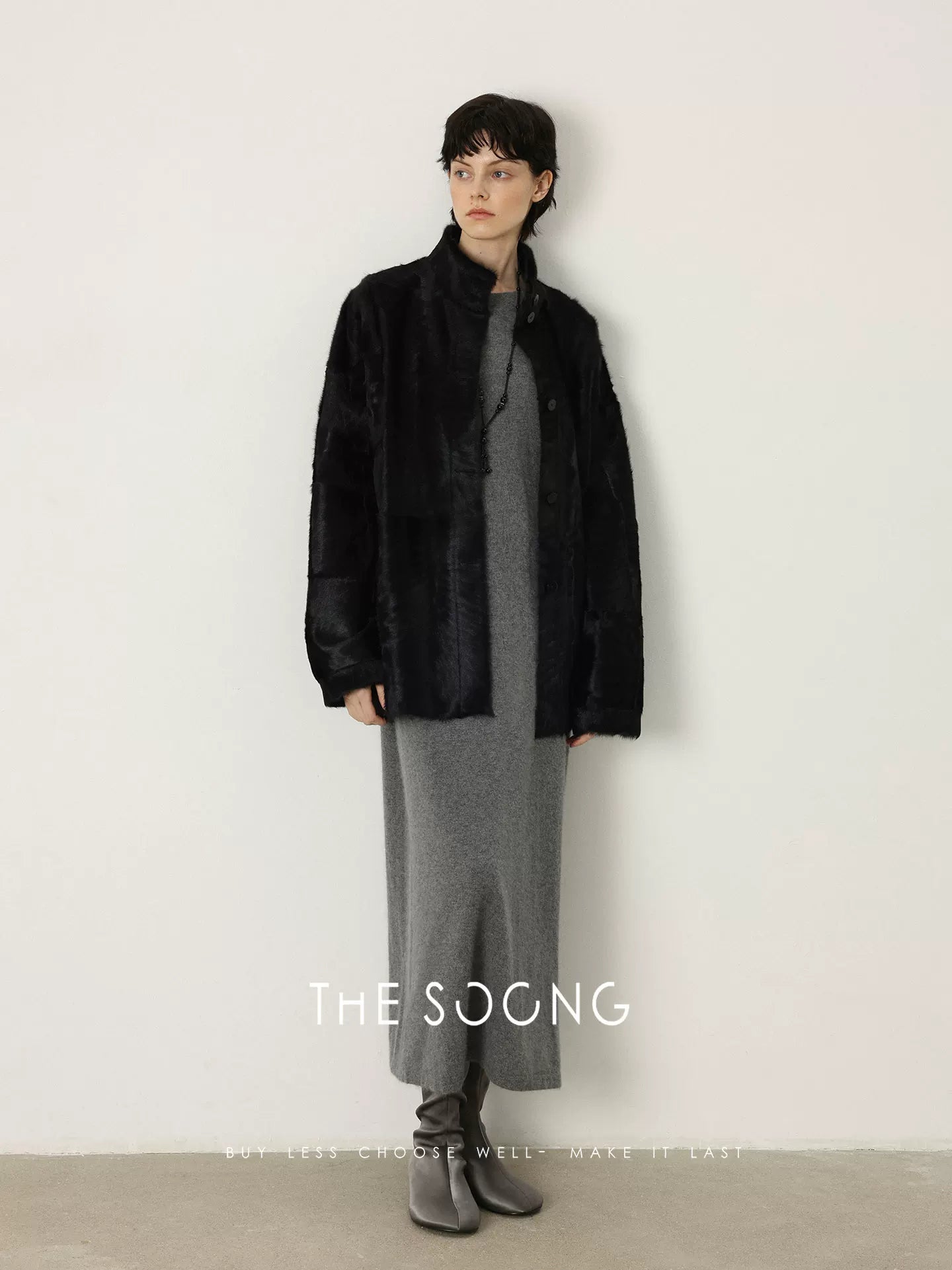 THESOONG/Sheepskin Three-quarter Sleeve Minimalist Lazy Stylish Structured T-Shirt Dress Mid-Length Loose 7510