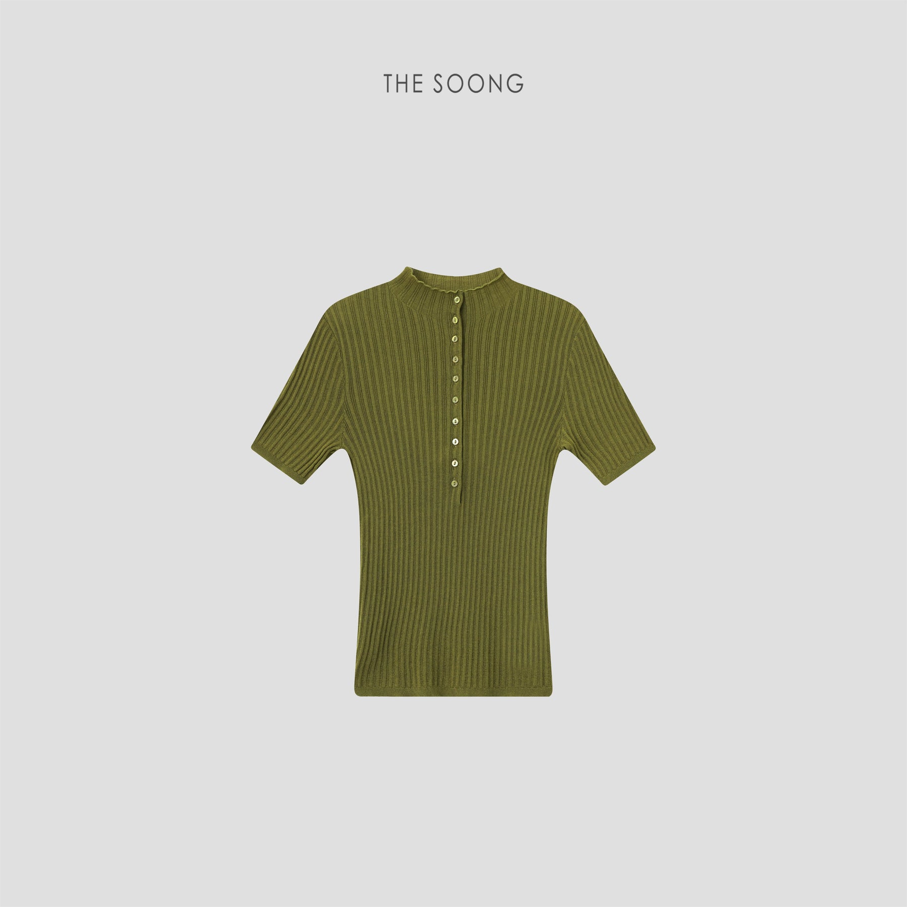 THESOONG/Wool Tencel 18-Needle Rib Knit Short Sleeve Shell Button Slimming Top, Women 9305
