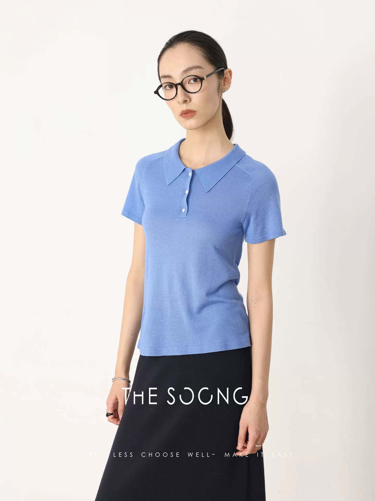 THESOONG/Blue Mood Henry Cashmere and Mulberry Silk Stretch Textured Short Sleeve Polo T-Shirt 6539
