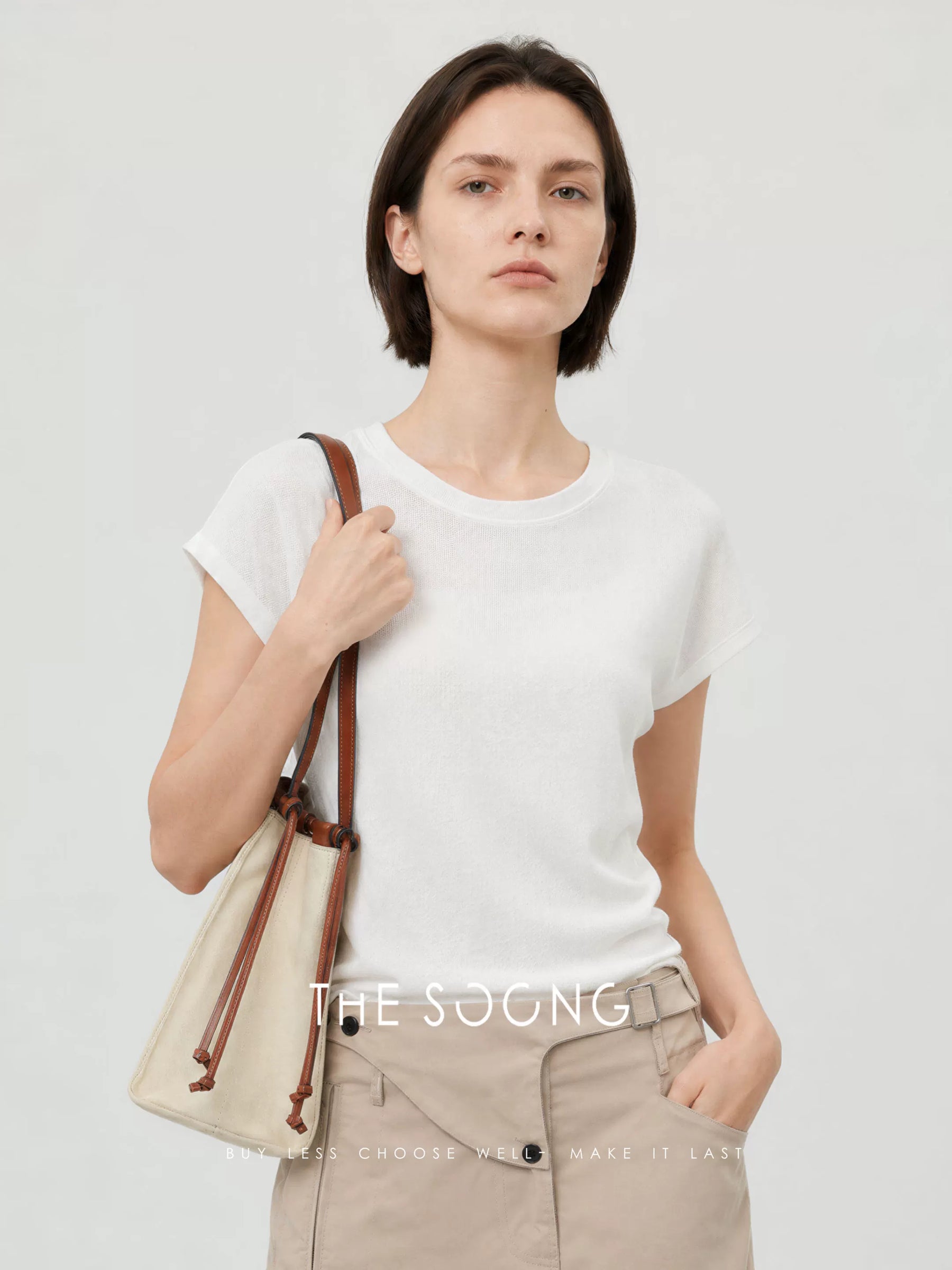 THESOONG/Rain and Dew Linen-Cotton Blend Small Sleeve T-Shirt for Women Summer Slimming Concealing Short Sleeve Top HWTX9324