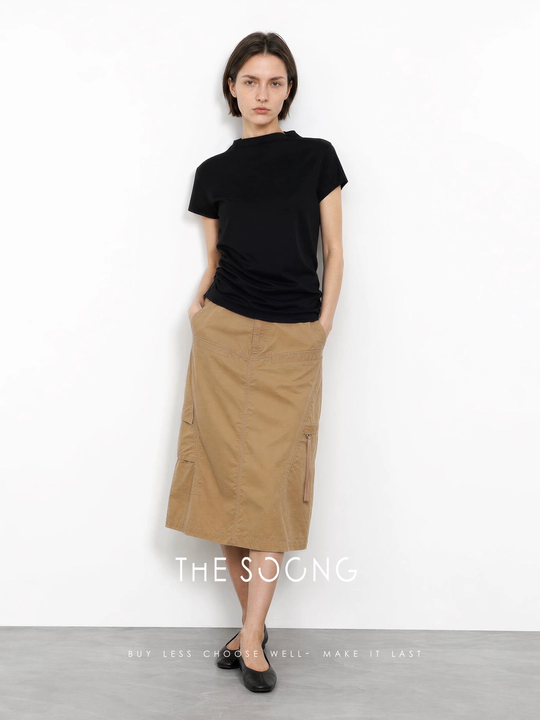 THESOONG/Soft Mist Workwear 100% Cotton Six-Pocket Functional Belted Mid-Length Straight Skirt 8957
