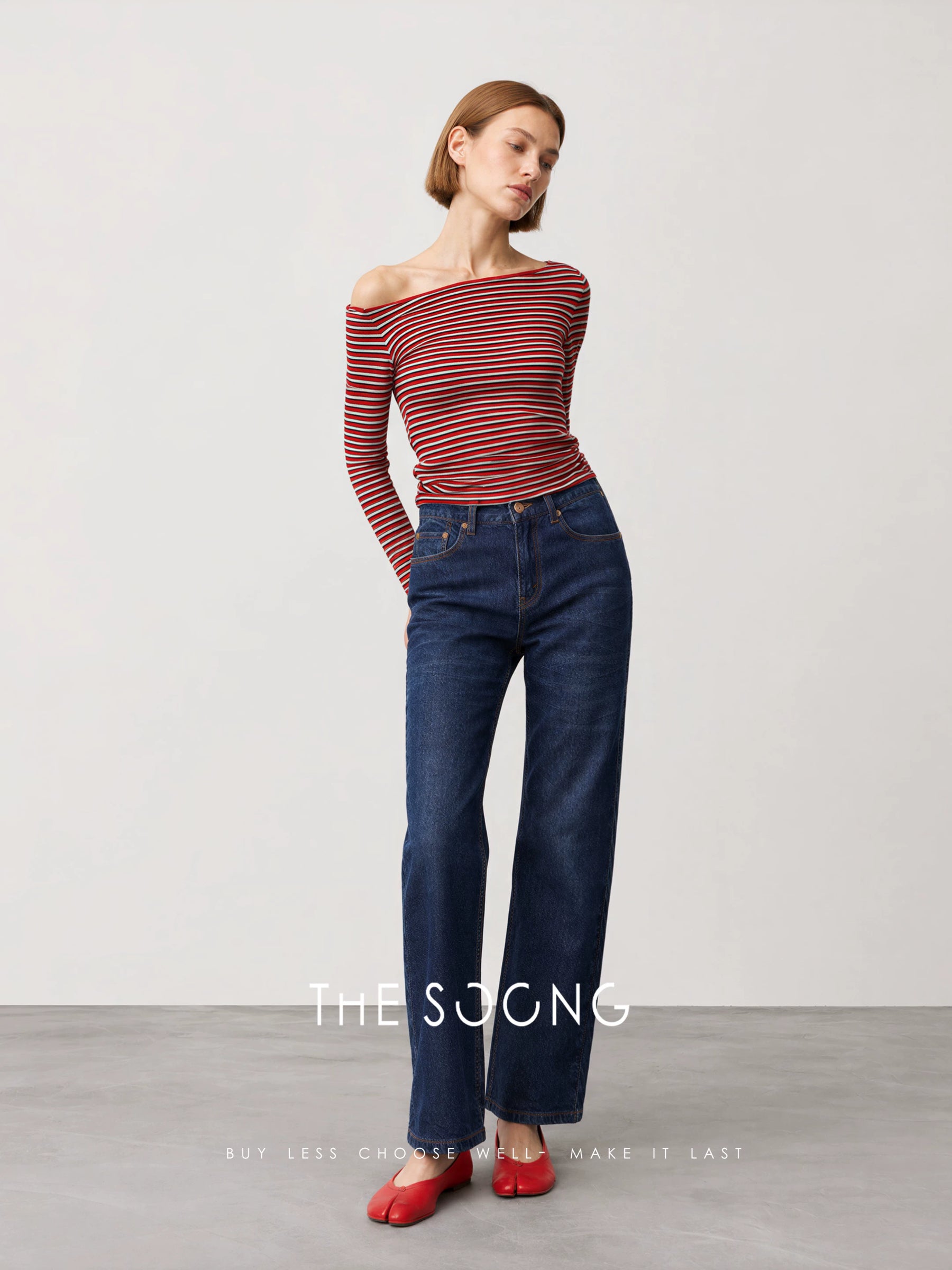 THESOONG/Xiwen Selected Acetate Long-Staple Cotton High-Count Blend, Lightweight Boat Neck Striped Sweater for Women 9103