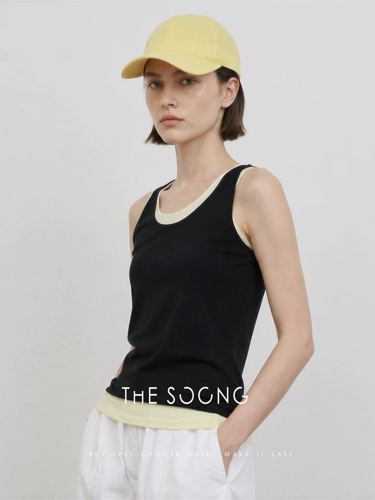 THESOONG/Layering Aesthetic 100% Pima Cotton Stiff Contrast True Two-Piece Sleeveless Vest Top for Women 8344