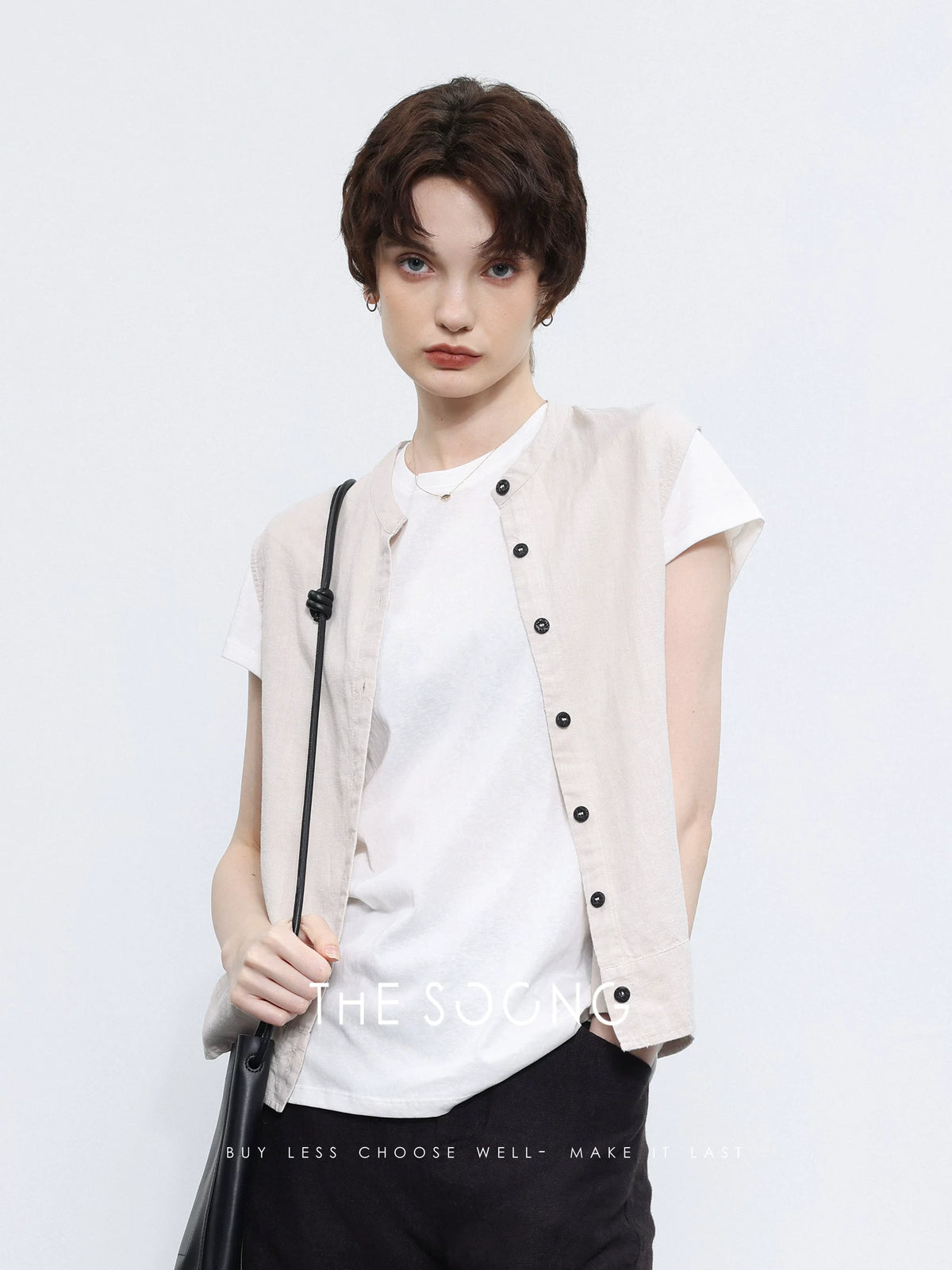 THESOONG / High-End Hemp Fabric Washed Soft Thin Vest Outerwear Layering Cardigan Vest