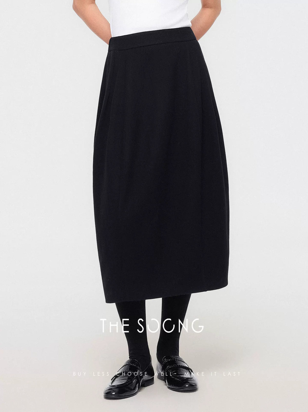 THESOONG/Autumn and Winter 100% Wool Elastic Waist Slightly Stretch Thickened Mid-Length Waist-Drawstring Balloon Skirt 7856