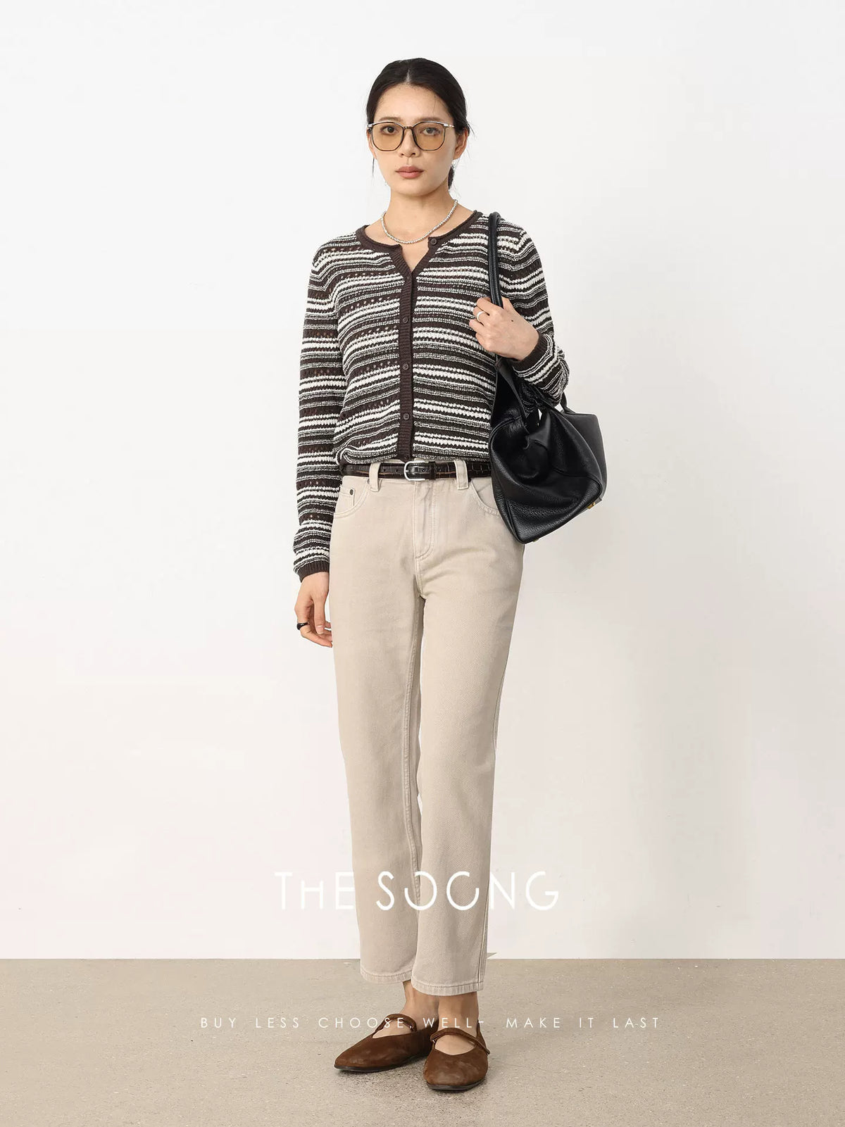 THESOONG/Spring New V-Neck Knitted Stripe Shirt Casual Loose Cardigan Jacket HWMY7645