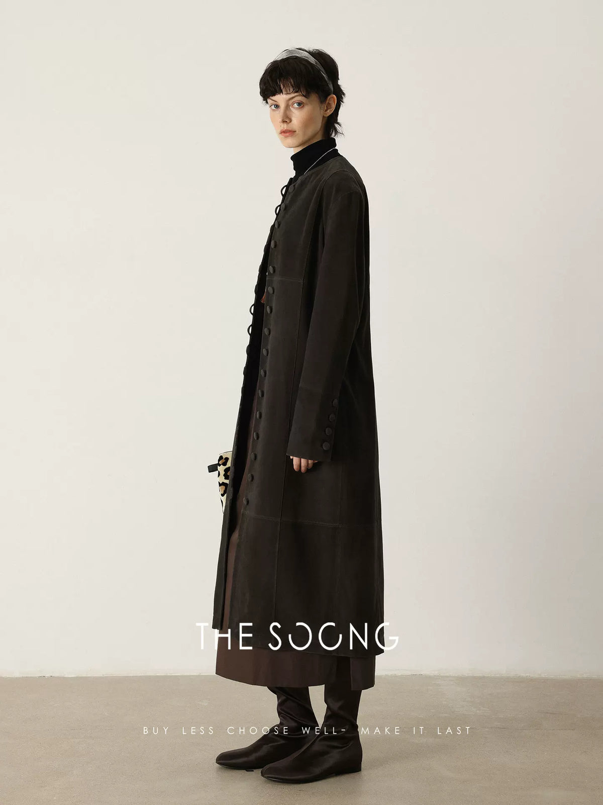 THESOONG/ 100% High-End Genuine Goat Leather Jacket for Women, Straight Trench Fit, Collarless Mid-length Leather Coat