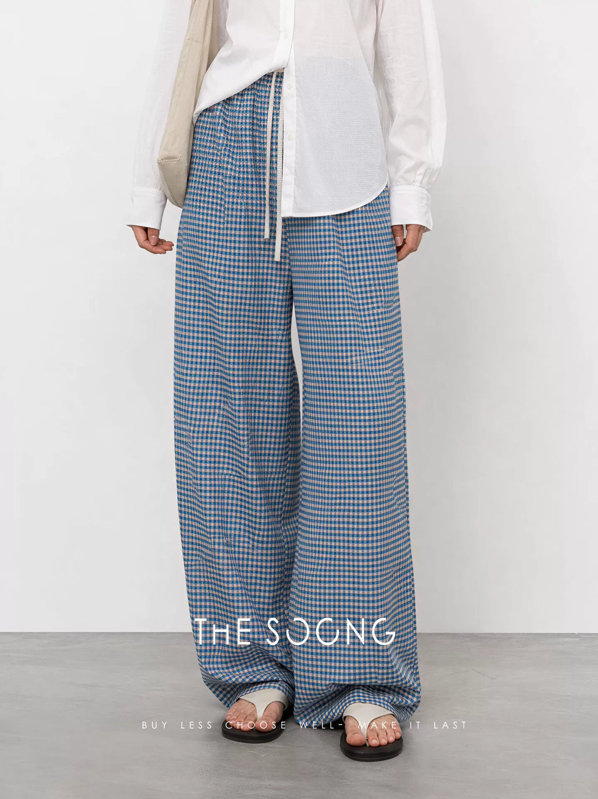 THESOONG/Blue/White Plaid Recycled Cellulose Wide-Leg Pants for Women, Summer High-Waisted Drape Pants HWKZ9372