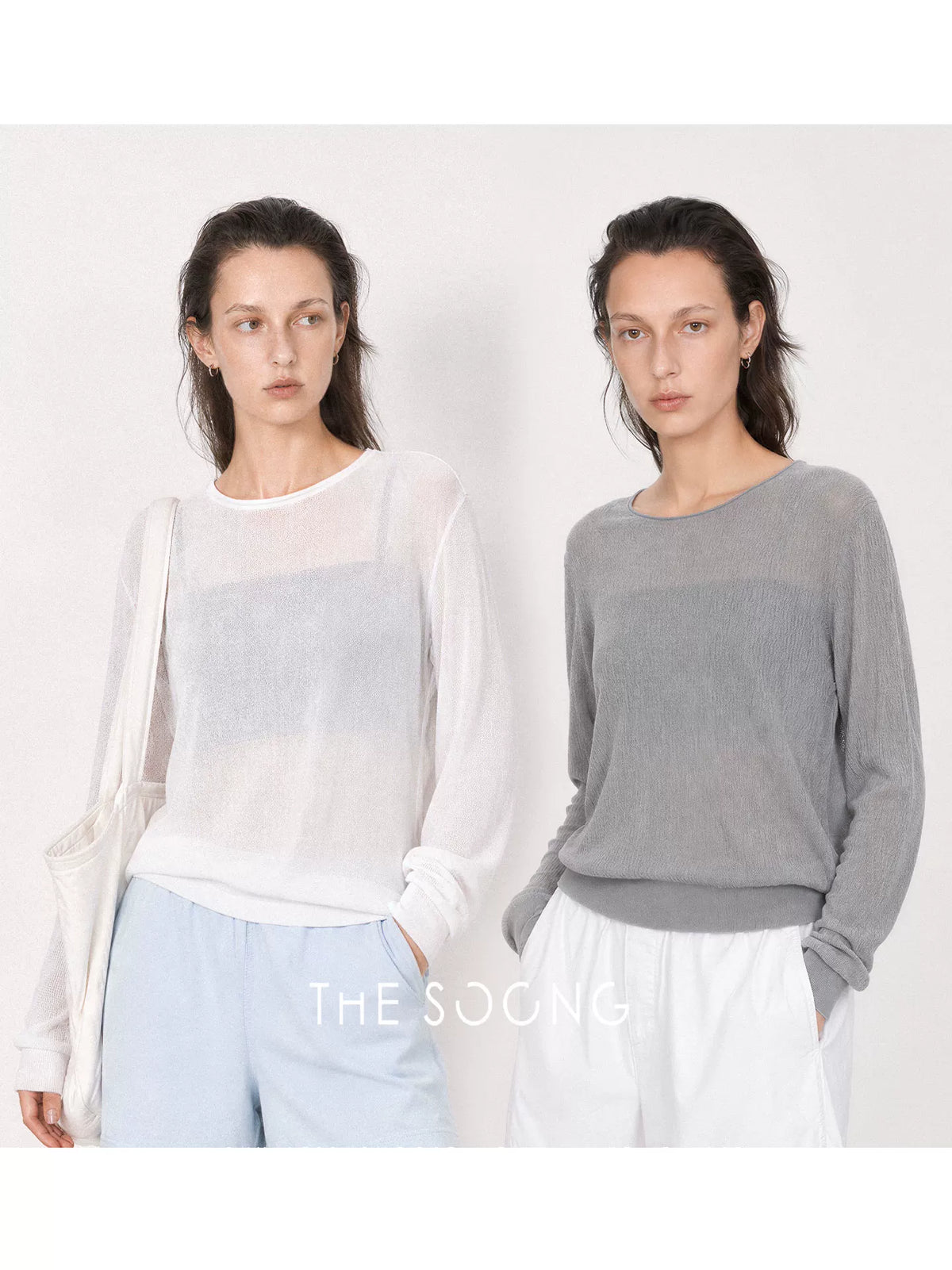 THESOONG/Summer Thin Tencel Acetate Smooth Draped Women's Long-Sleeve Round-Neck Shirt 9217