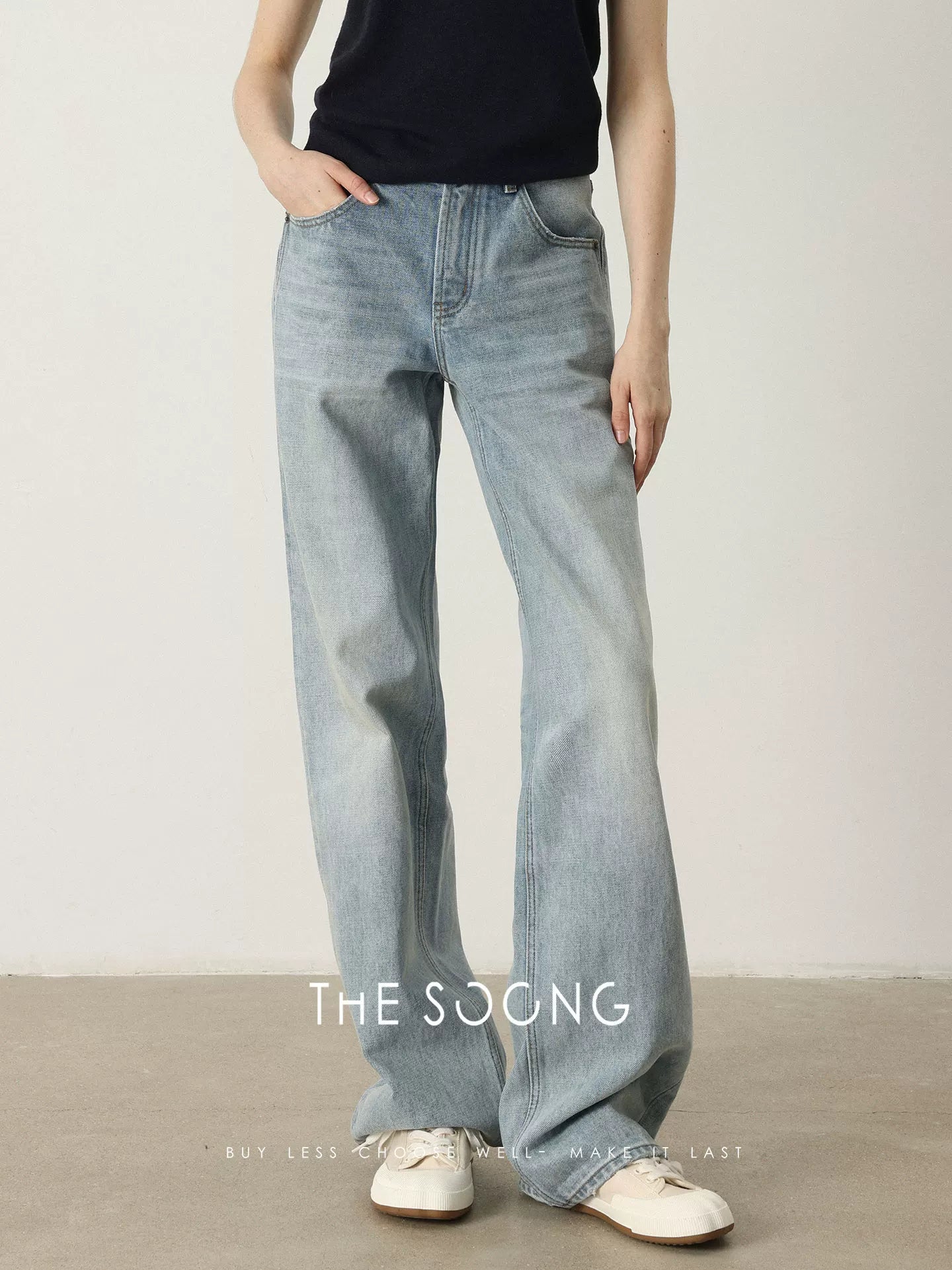 THESOONG/Straight-Leg Jeans Women New Light Blue 14.9oz Rigid Washed Wrinkle Long Pants 6940