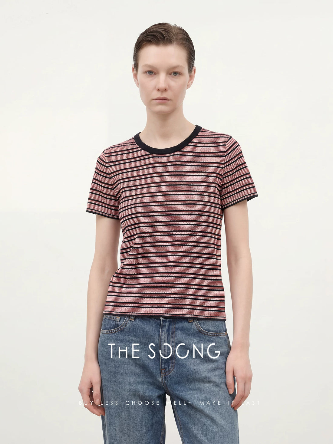 THESOONG/Comfortable Feel Fine Stripe Knit Round Neck Short Sleeve T-Shirt, High Elastic Wrinkle-Resistant Top, Women 8881
