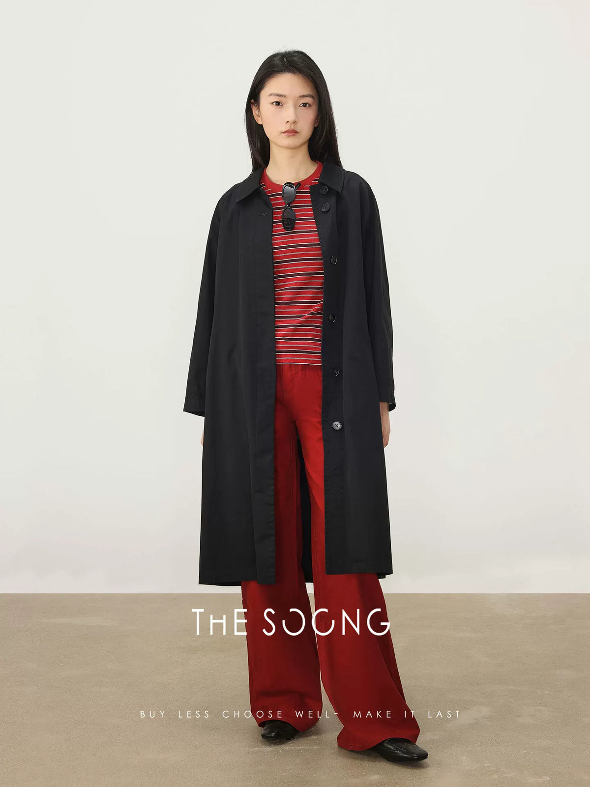 THESOONG/airport trench coat, heavily washed and softened twill pure cotton black autumn winter new trench coat for women