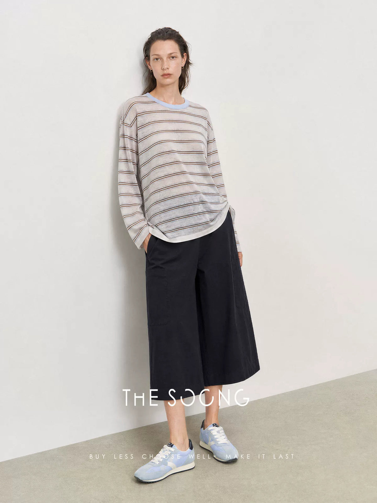 THESOONG/Relaxed Daily Three-Dimensional Patch Pocket Mid-Waist Slim Breathable Non-Stuffy Wide-Leg Capri Pants for Women Summer 9124