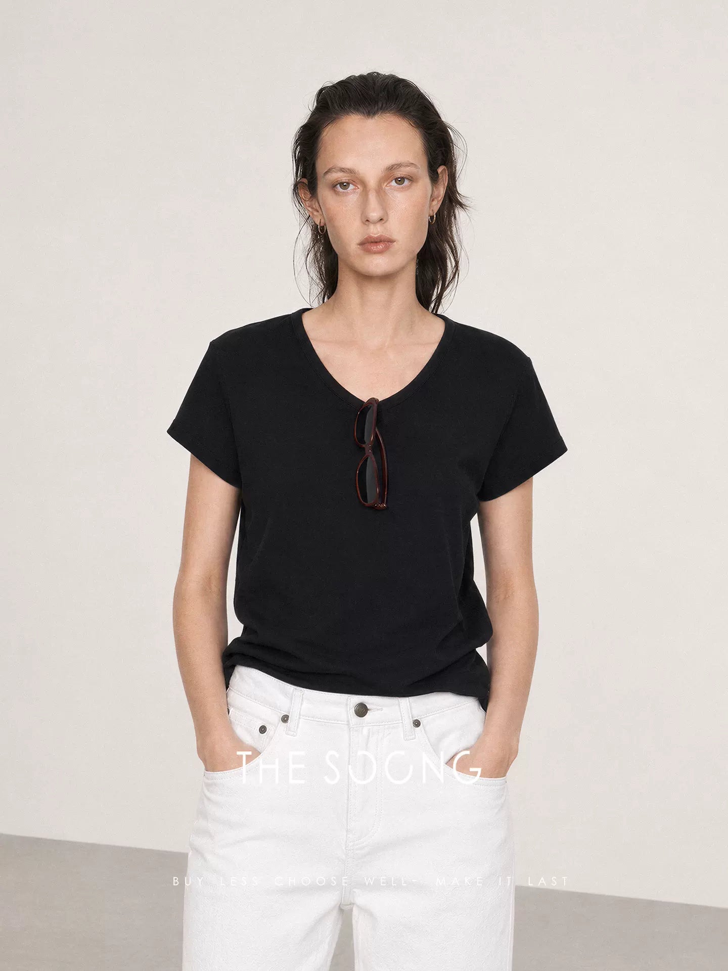 THESOONG/ Summer 100% pure cotton V-neck soft breathable fitted short-sleeve T-shirt 9205