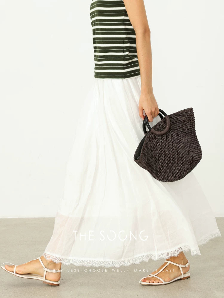 THESOONG/Line Beauty 100% Ramie Lightweight Weaved Lace Elastic Waist Half Skirt for Women Breathable