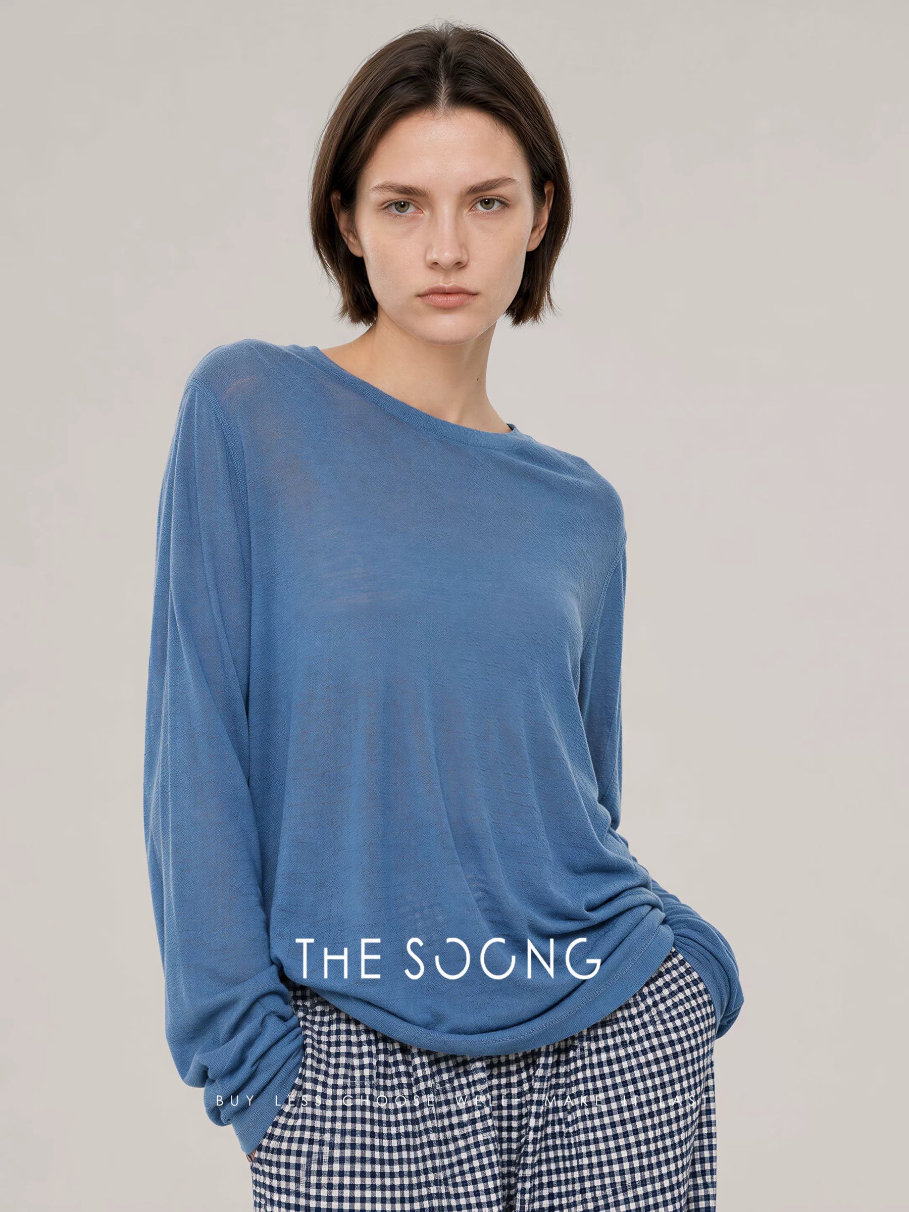 THESOONG/Tactile Aesthetics: 100% Pure Wool, Finely Textured, Lightweight Crew Neck Long-Sleeve T-Shirt 8669