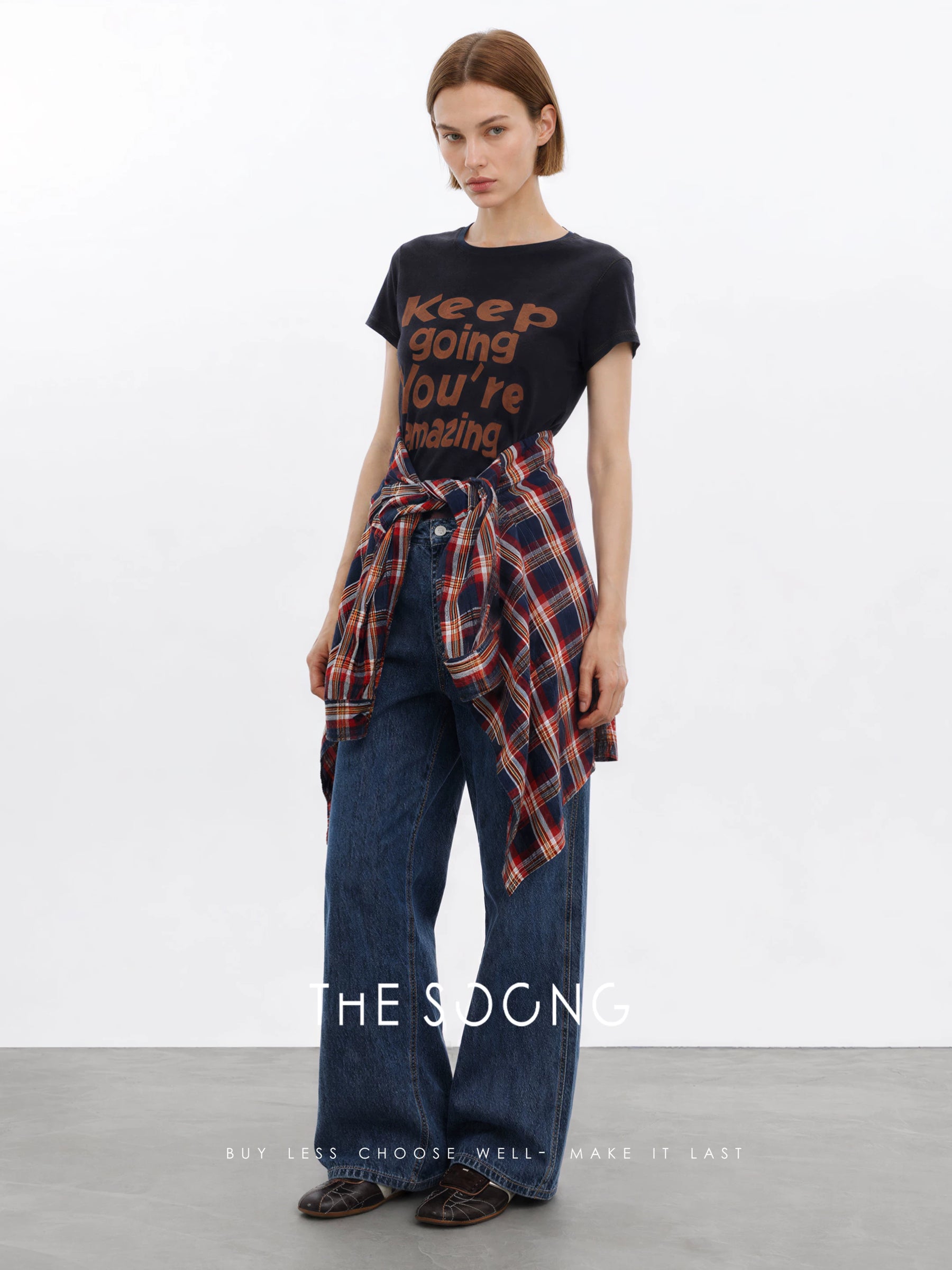 THESOONG/Relaxed Statement Cotton-linen blend color-contrast topstitched short round-neck T-shirt 8807