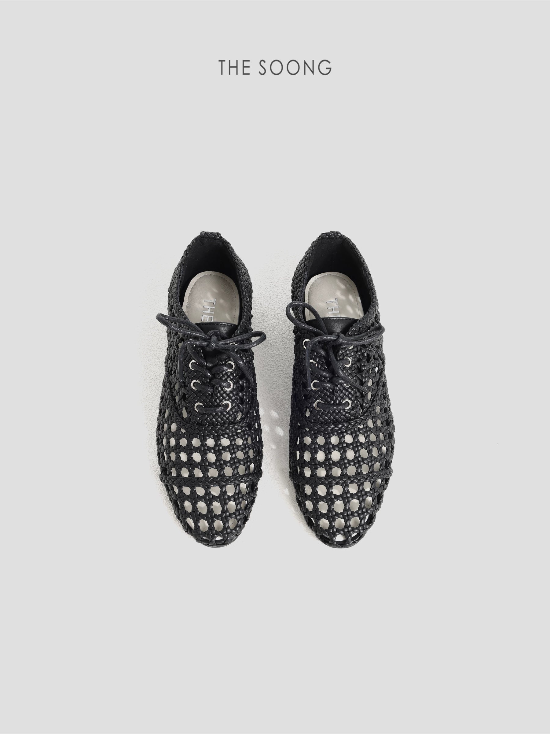THESOONG/Obsidian Hand-Woven Hollow Breathable Lace-Up Round-Toe Versatile Flat Casual Shoes for Women 9293