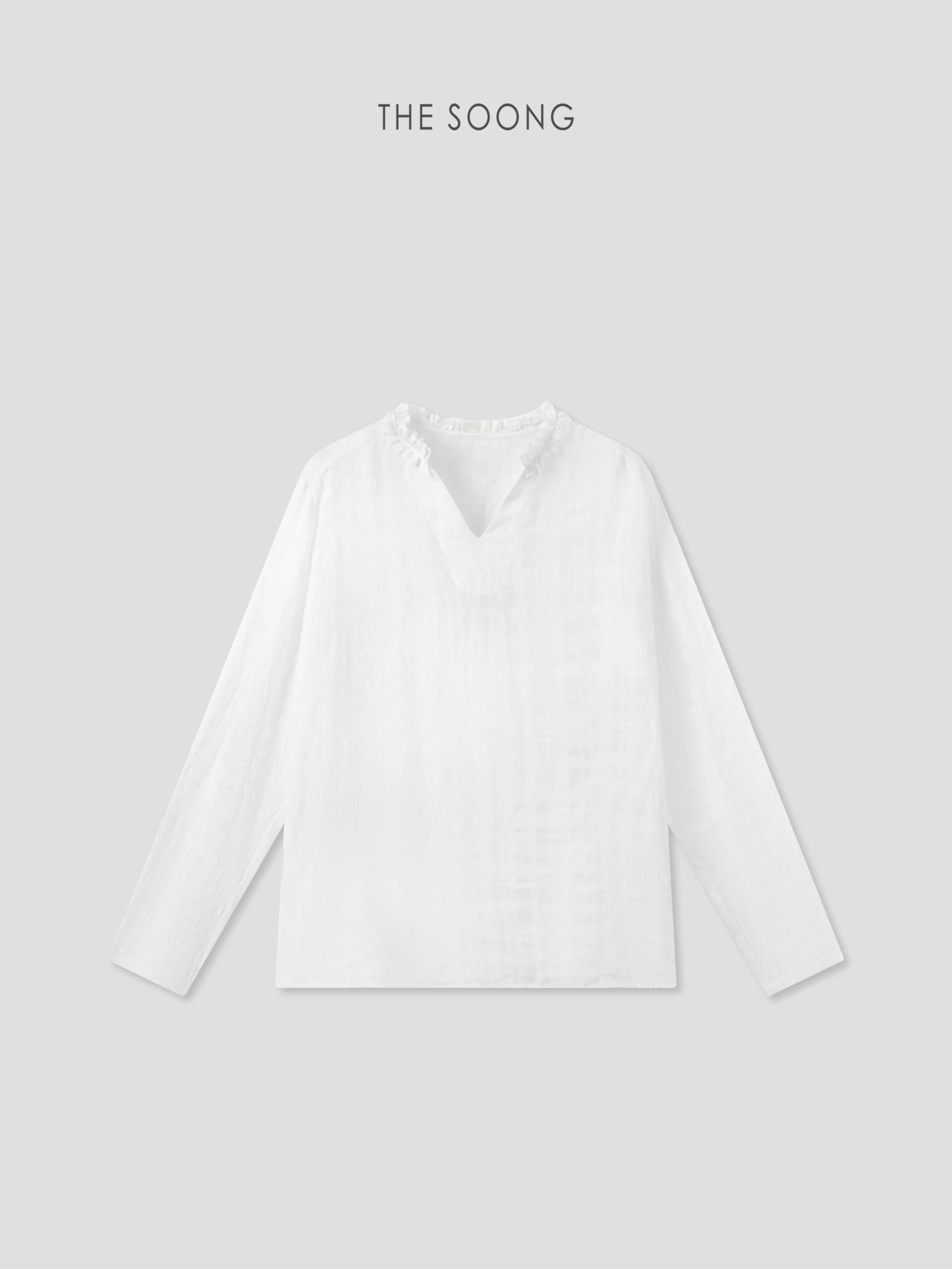 THESOONG/Soft Light Texture Tencel Linen Three-Dimensional Plaid Handmade Gathered V-Neck Long Sleeve Shirt for Women 8762