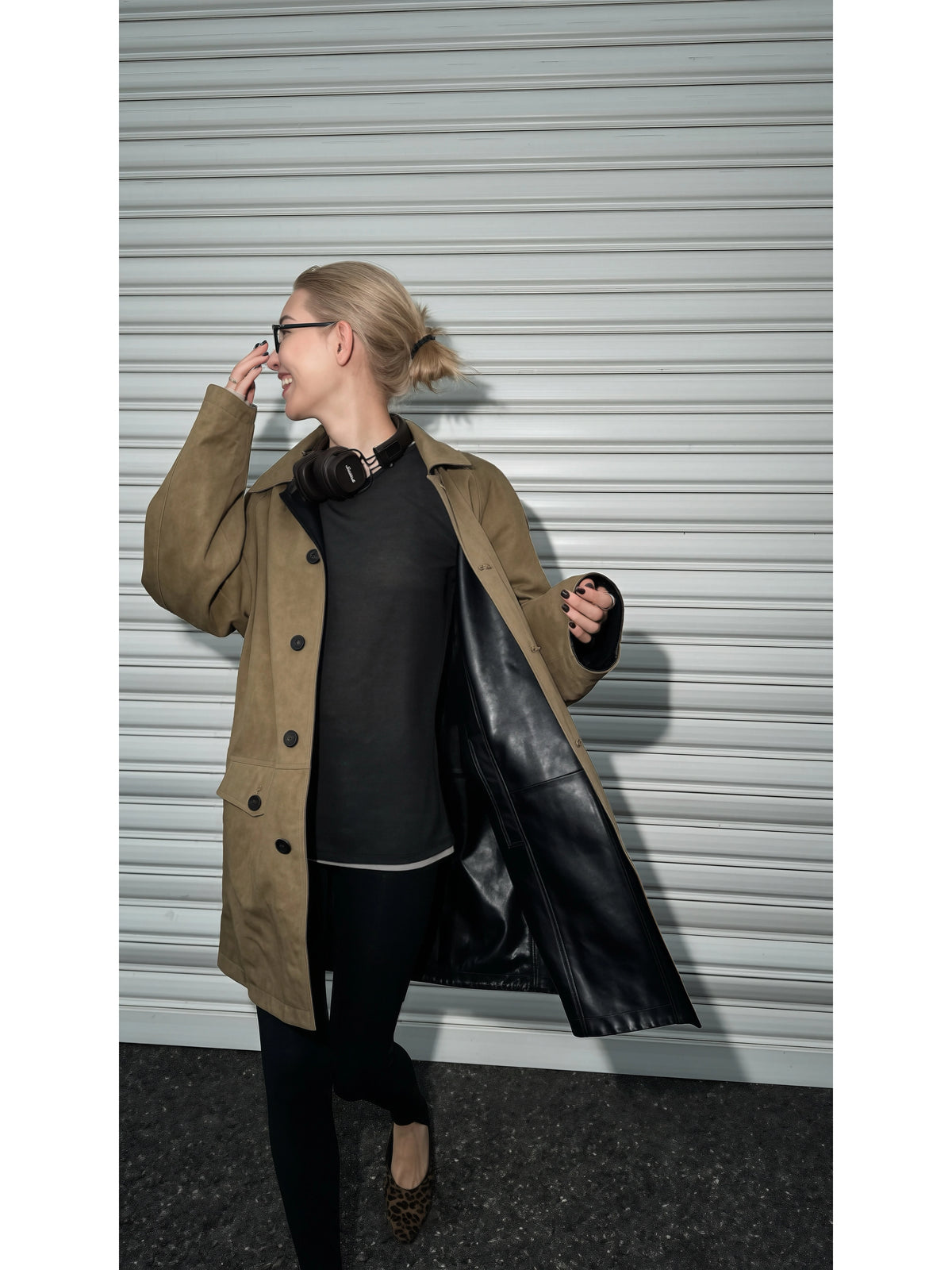 THESOONG/Double-Faced Leather Classic Retro 100% Lambskin Reversible Leather Trench Coat for Women 8640