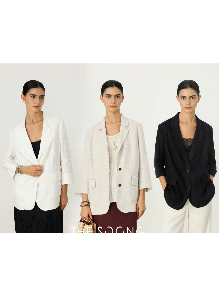 THESOONG/Cool-feel blazer summer pure natural linen naturally wrinkled texture three-quarter sleeve blazer for women 6652