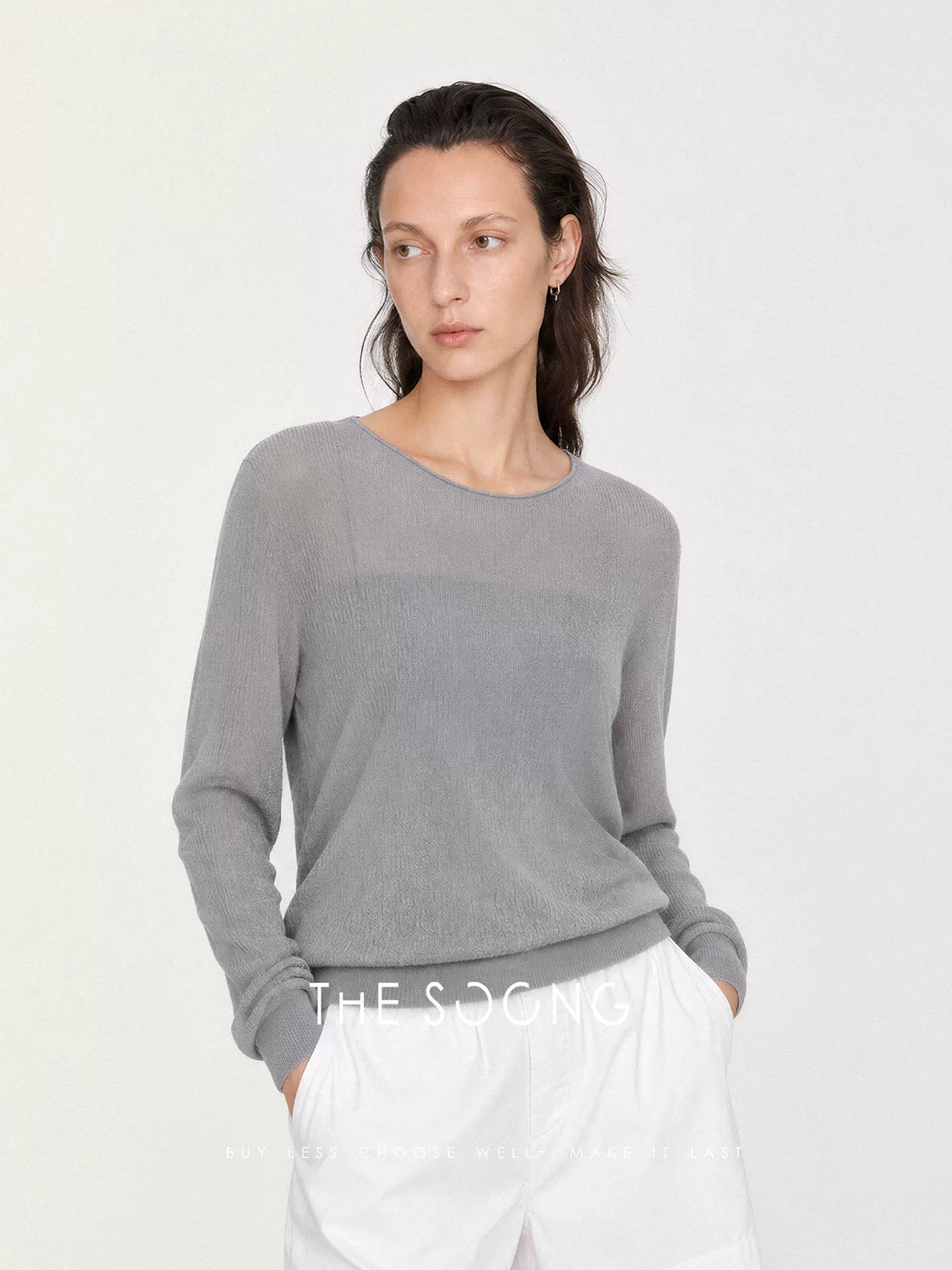 THESOONG/Summer Thin Tencel Acetate Smooth Draped Women's Long-Sleeve Round-Neck Shirt 9217