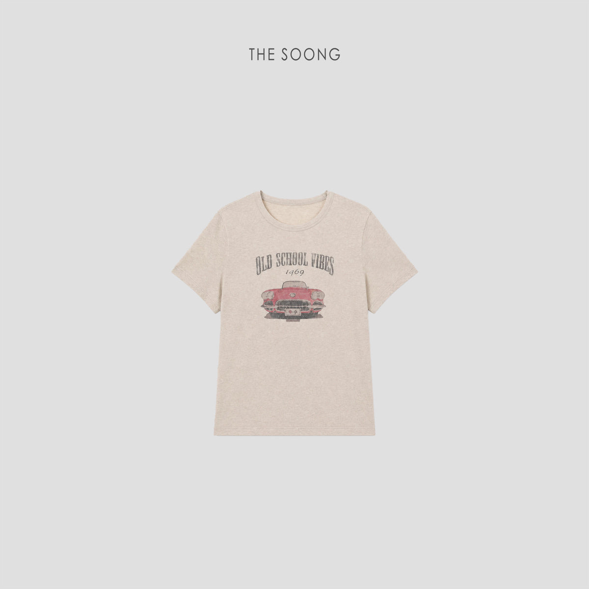THESOONG/Linen breeze vintage car print breathable slim versatile short-sleeve T-shirt for women 9201