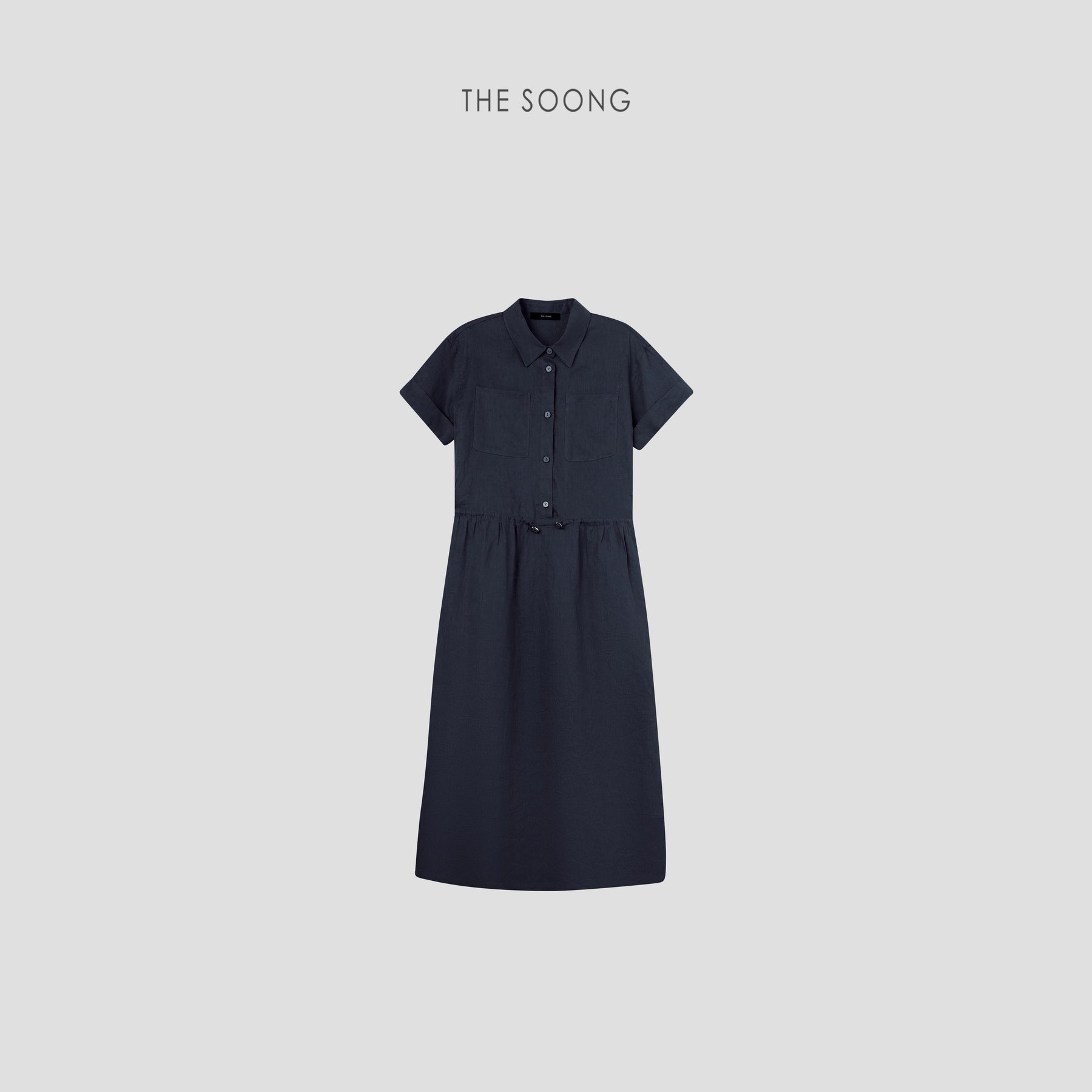 THESOONG/Shirt Dress: Summer Thin 100% Linen Washed Long Skirt Waist-Cinching Drawstring Dress 6732