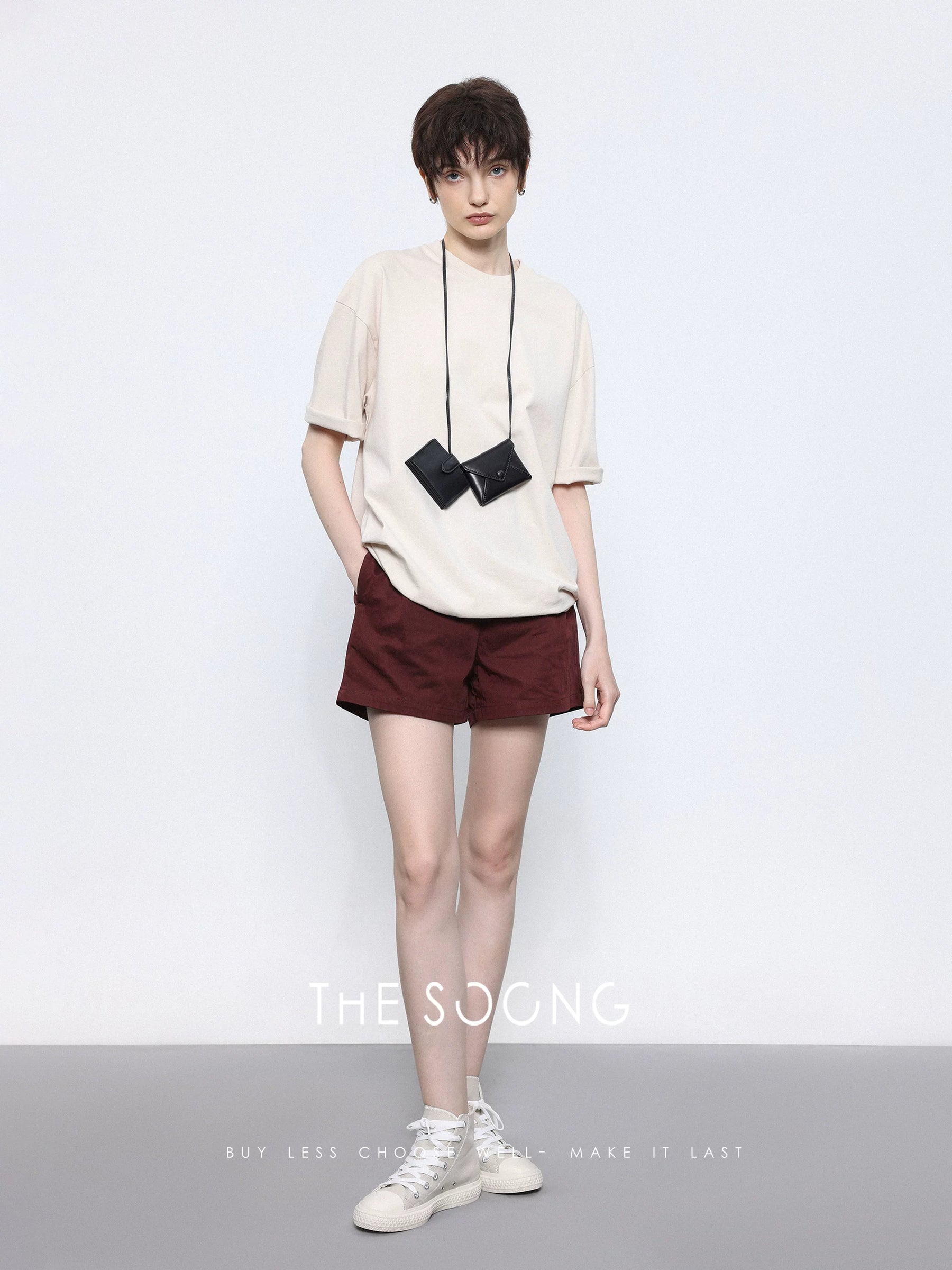 THESOONG/first-layer calf black lightweight neck-hanging stylish new women's earphone card holder