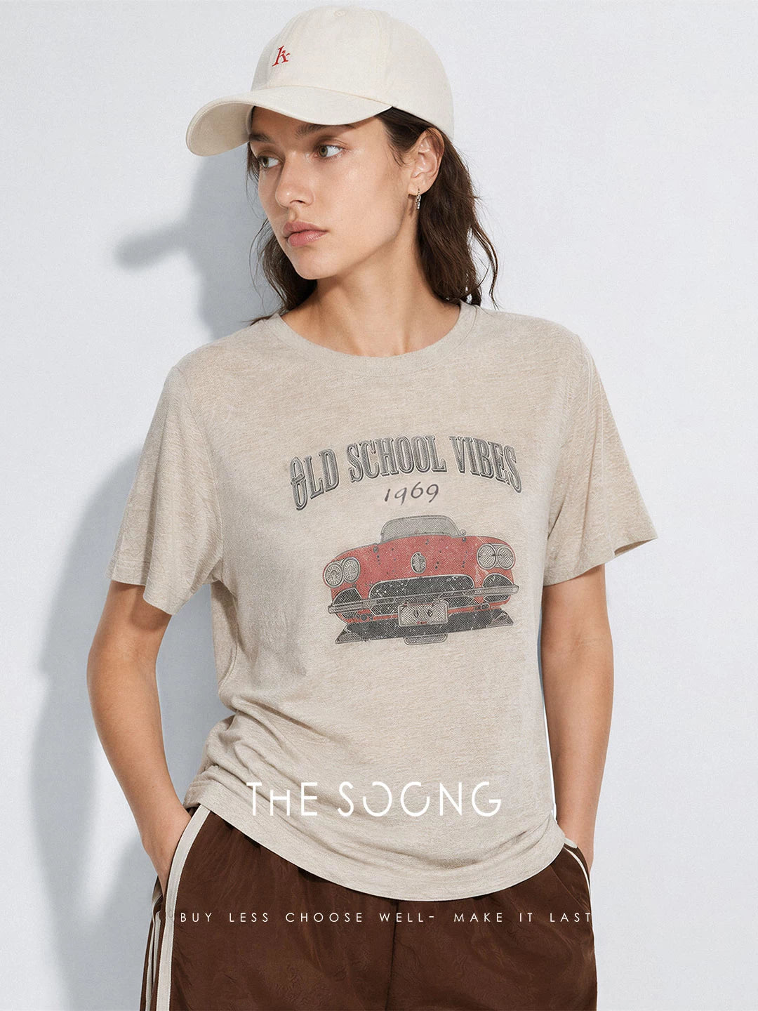 THESOONG/Linen breeze vintage car print breathable slim versatile short-sleeve T-shirt for women 9201