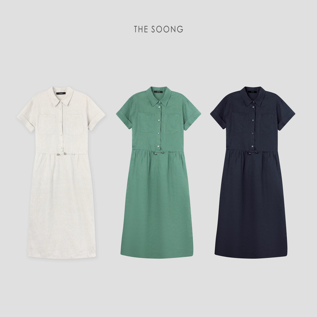 THESOONG/Shirt Dress: Summer Thin 100% Linen Washed Long Skirt Waist-Cinching Drawstring Dress 6732
