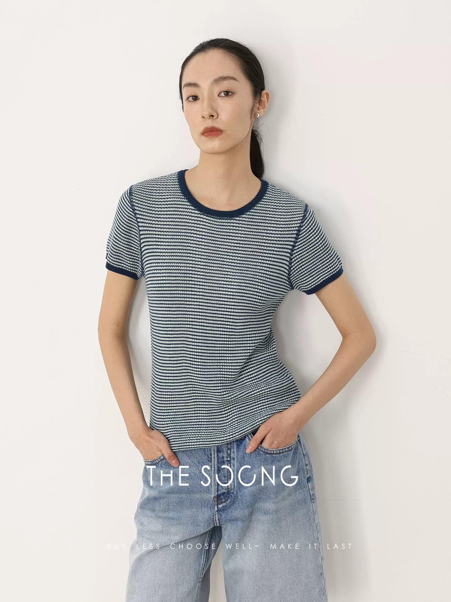 THESOONG/Classic Striped T Wool Rib Textured Color-Blocked Woven 3D T-Shirt Top HWTX8493