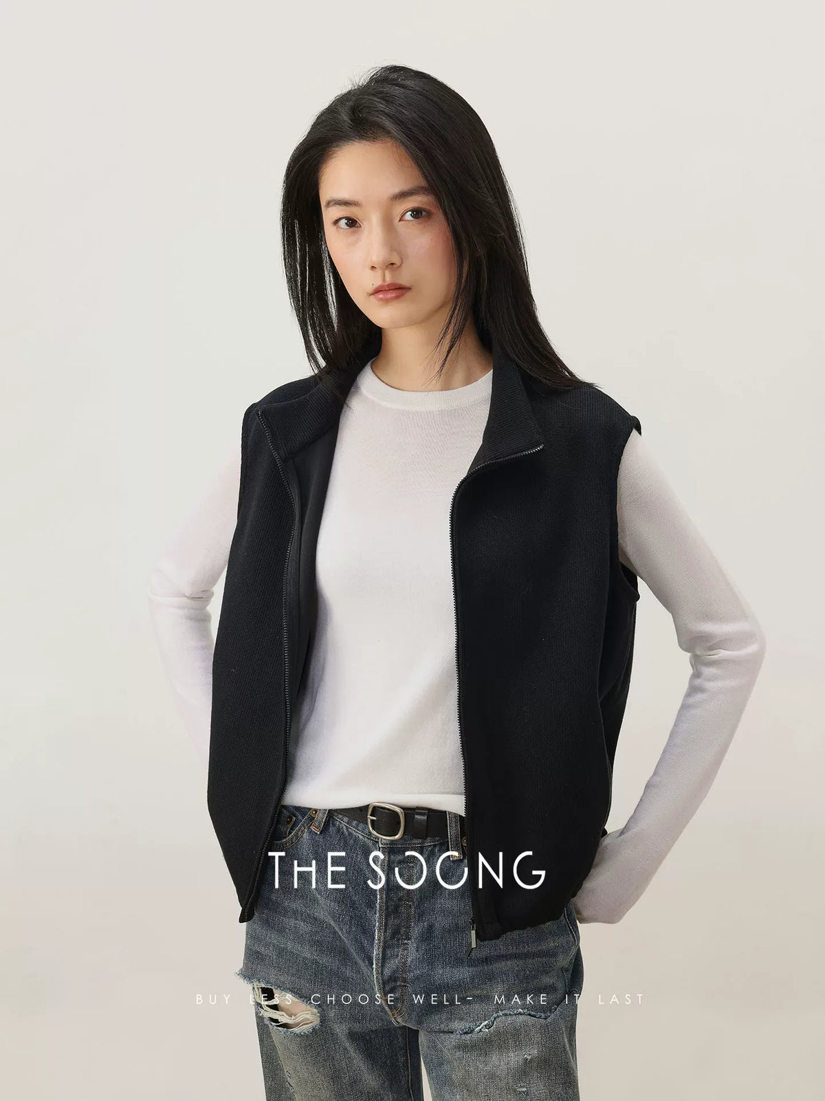THESOONG / Spring Layering Vest Women's Fashion Chic Sleeveless Zip-up Half-high Collar Petite Vest 8259