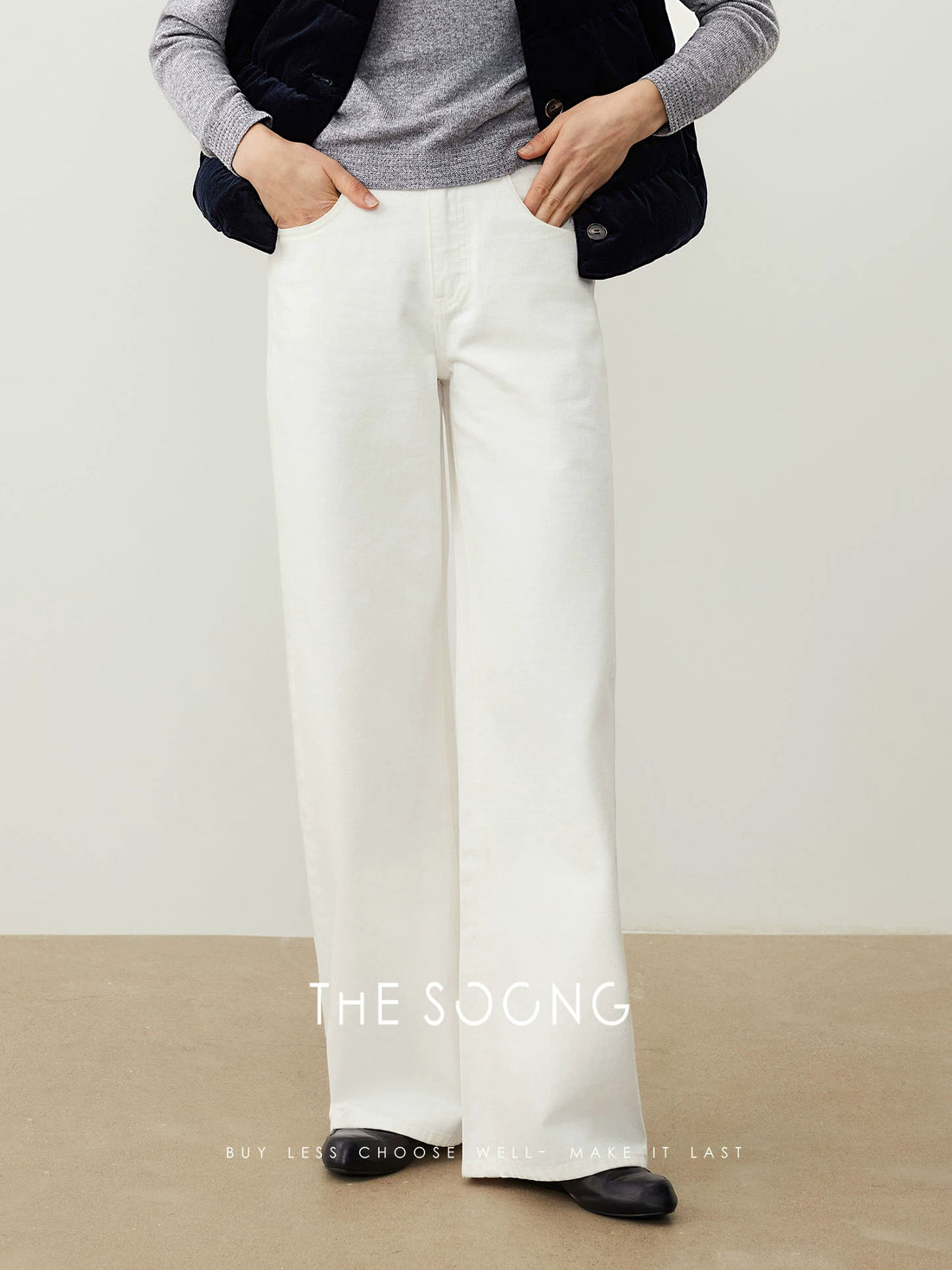 THESOONG/高密度纯棉白色牛仔裤女水洗加软休闲垂感直筒长裤7568