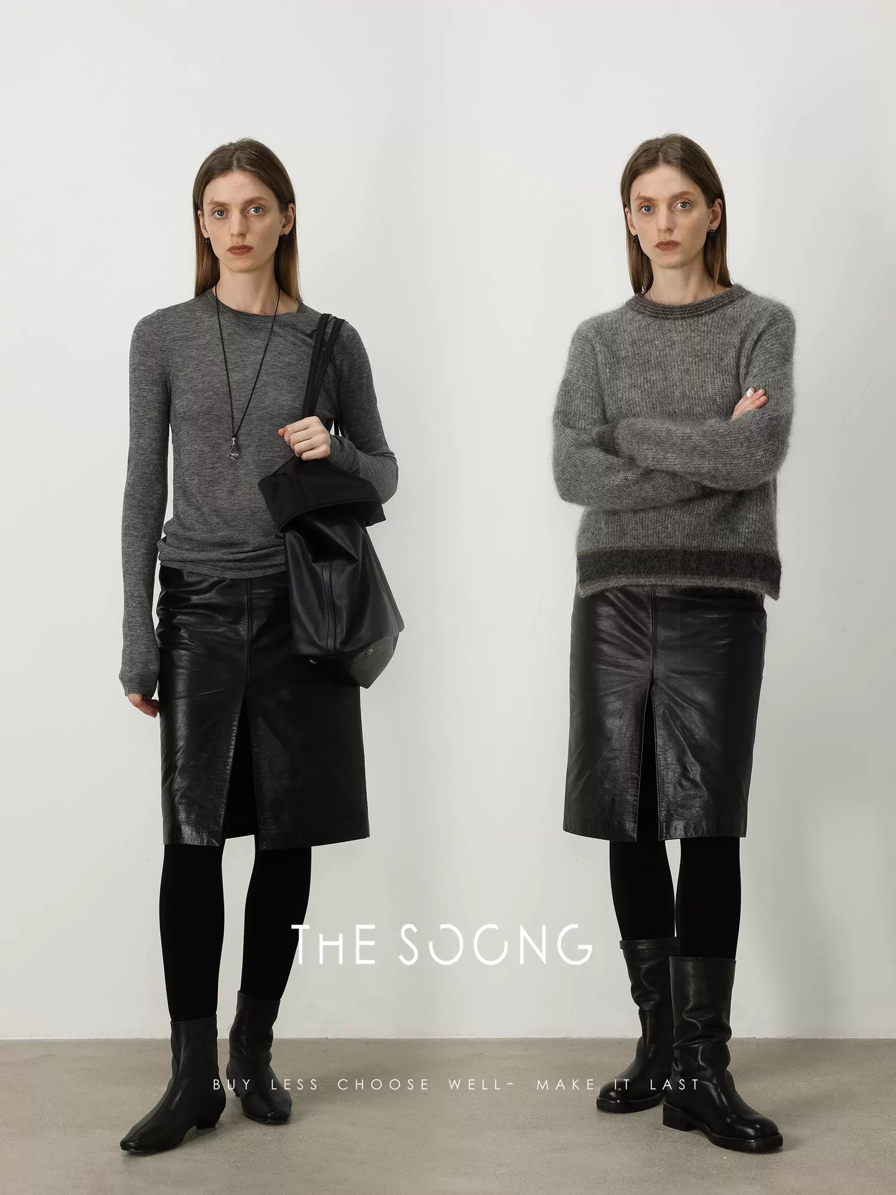 THESOONG / Modern Stylish 100% Cowhide Leather Comfortable Glossy Genuine Leather Versatile Black Half Skirt for Women