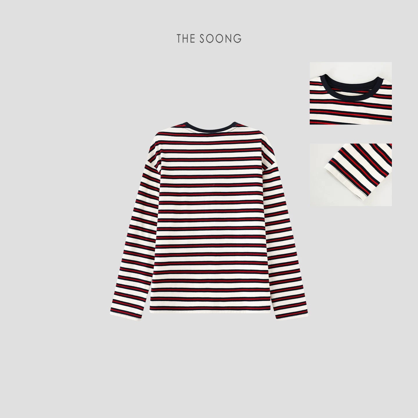 THESOONG/Relaxed Quiet Enjoyment 100% Cotton 0.6 Double-Line Three-Color Interwoven Stripe Crew Neck Long Sleeve T-Shirt Top 7004