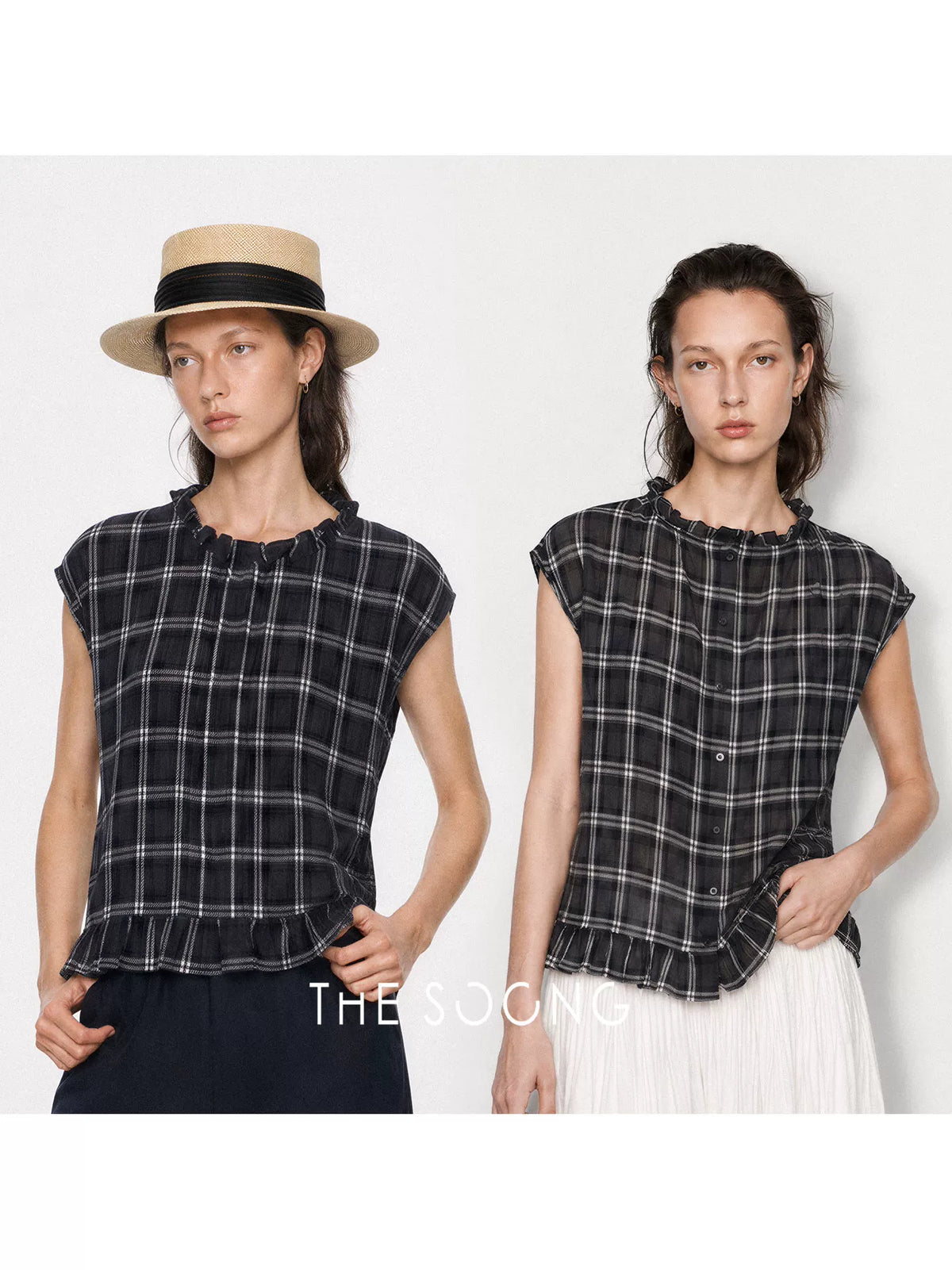 THESOONG/Yarn-Dyed Plaid Summer 100% Pure Cotton Wrinkled Split Double-Sided Vest Top for Women 9215