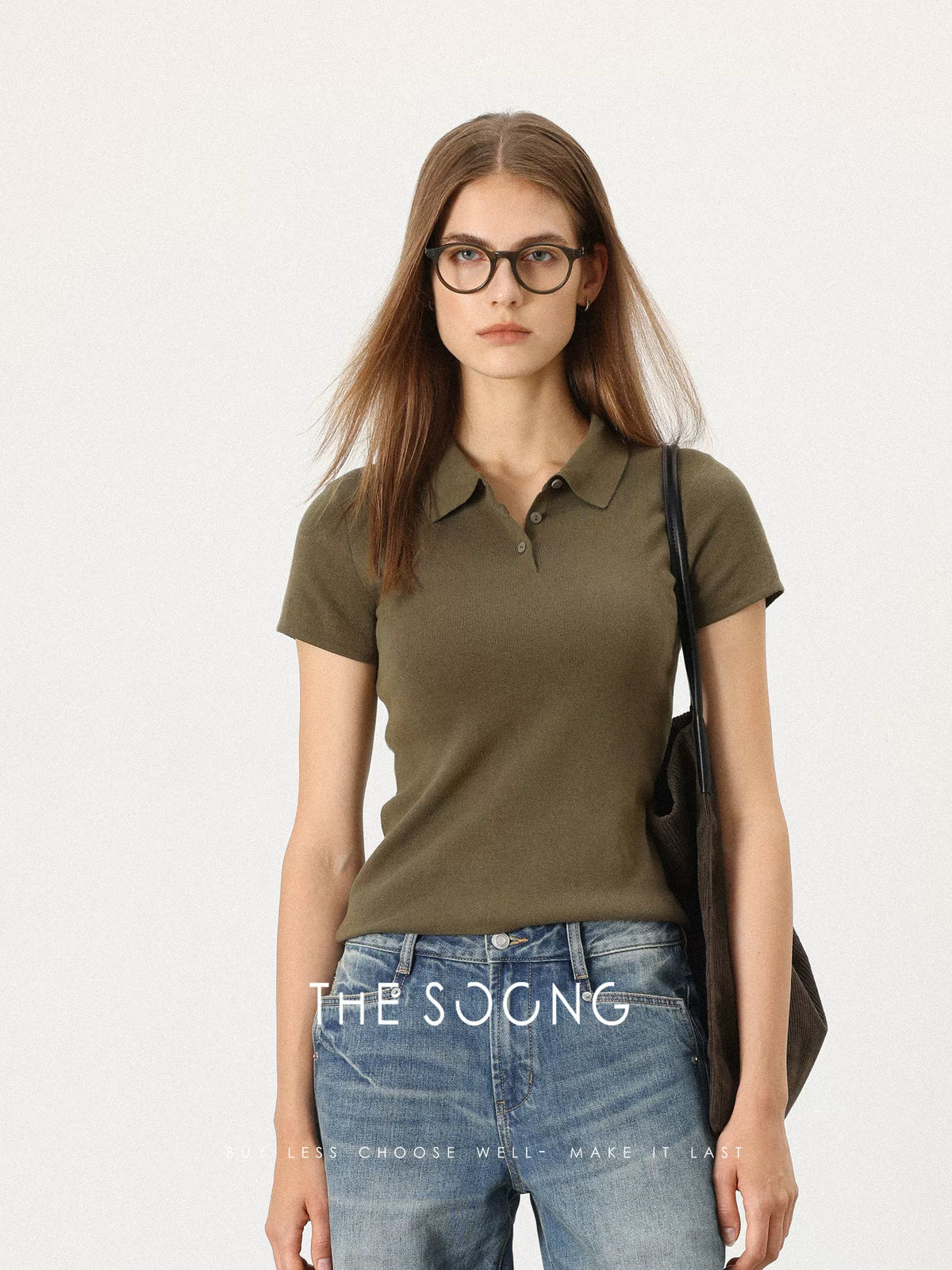 THESOONG / 100% pure cotton double-yarn interwoven women's short sleeve T-shirt, versatile polo Henry shirt 7375