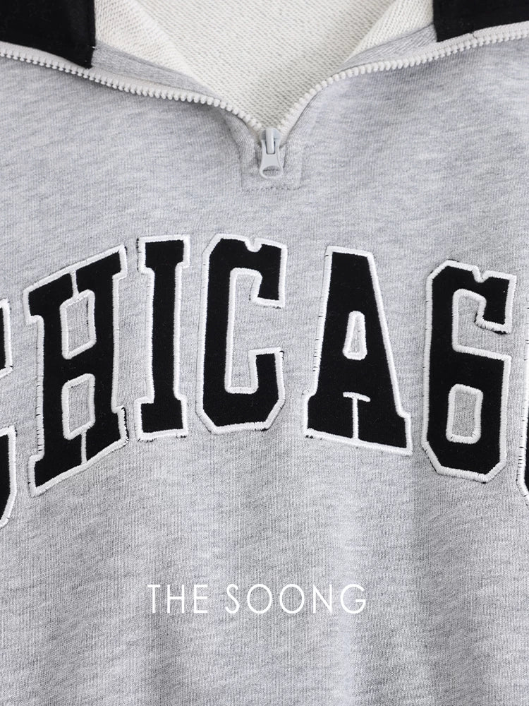 THESOONG/Gray Salt Cheese Classic American Retro 100% Cotton Stand Collar Half-Open High Collar Sweatshirt Women 9193