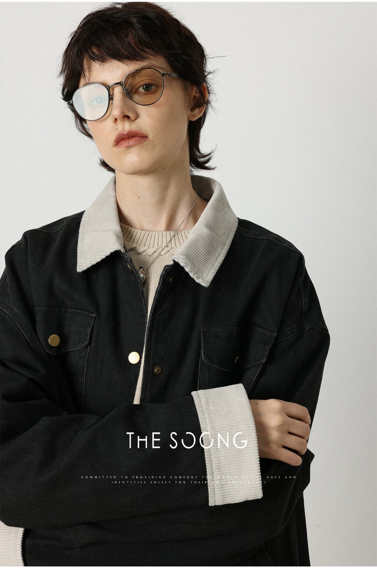 【Clearance】Film-style daily 100% cotton twill imitation contrasting rib retro collared padded denim jacket