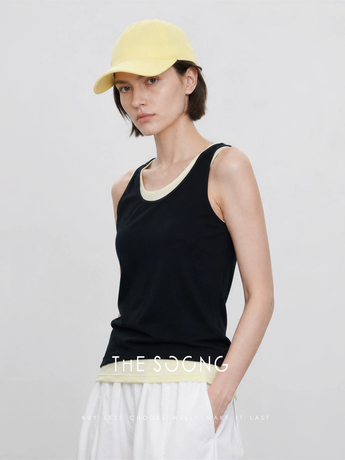 THESOONG/Layering Aesthetic 100% Pima Cotton Stiff Contrast True Two-Piece Sleeveless Vest Top for Women 8344