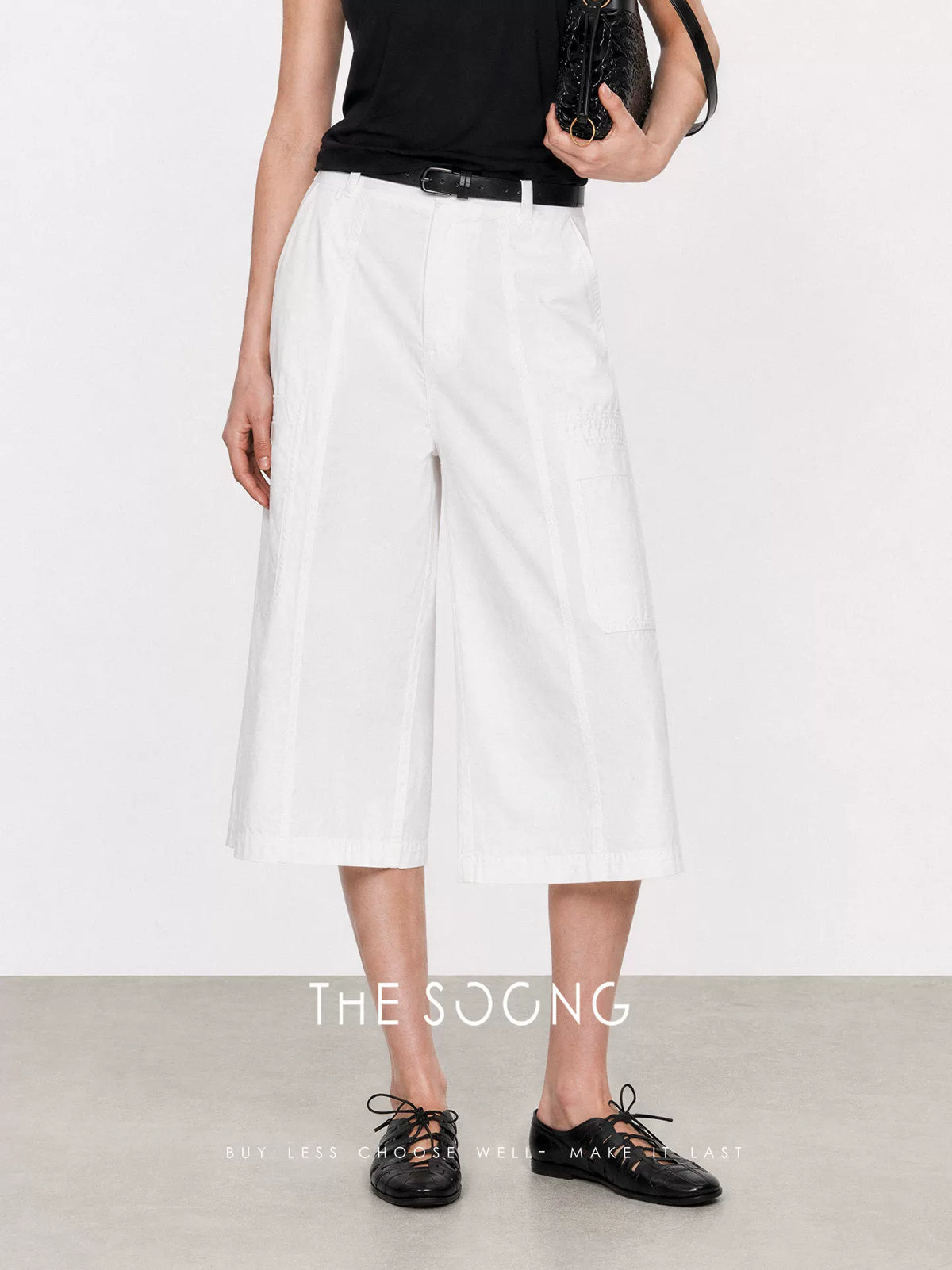 THESOONG/Relaxed Daily Three-Dimensional Patch Pocket Mid-Waist Slim Breathable Non-Stuffy Wide-Leg Capri Pants for Women Summer 9124