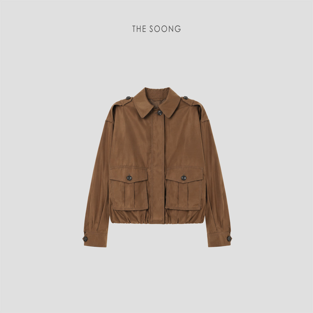 THESOONG/Relaxed moment lightweight smooth drape drop shoulder gathered short jacket for women 9482