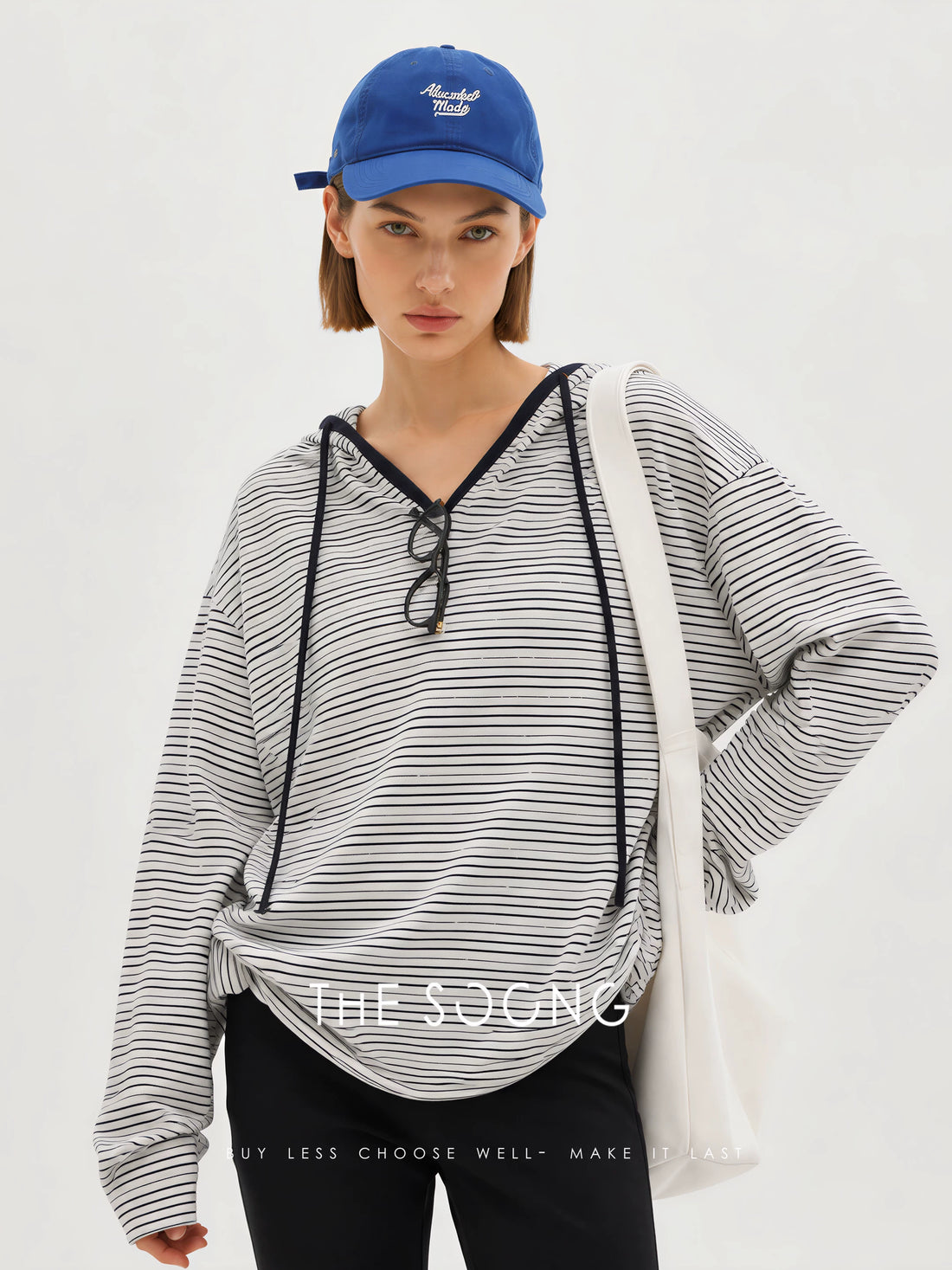 THESOONG/Soft washed skin-friendly cotton blend contrasting stripe hooded long sleeve top HBWY8224