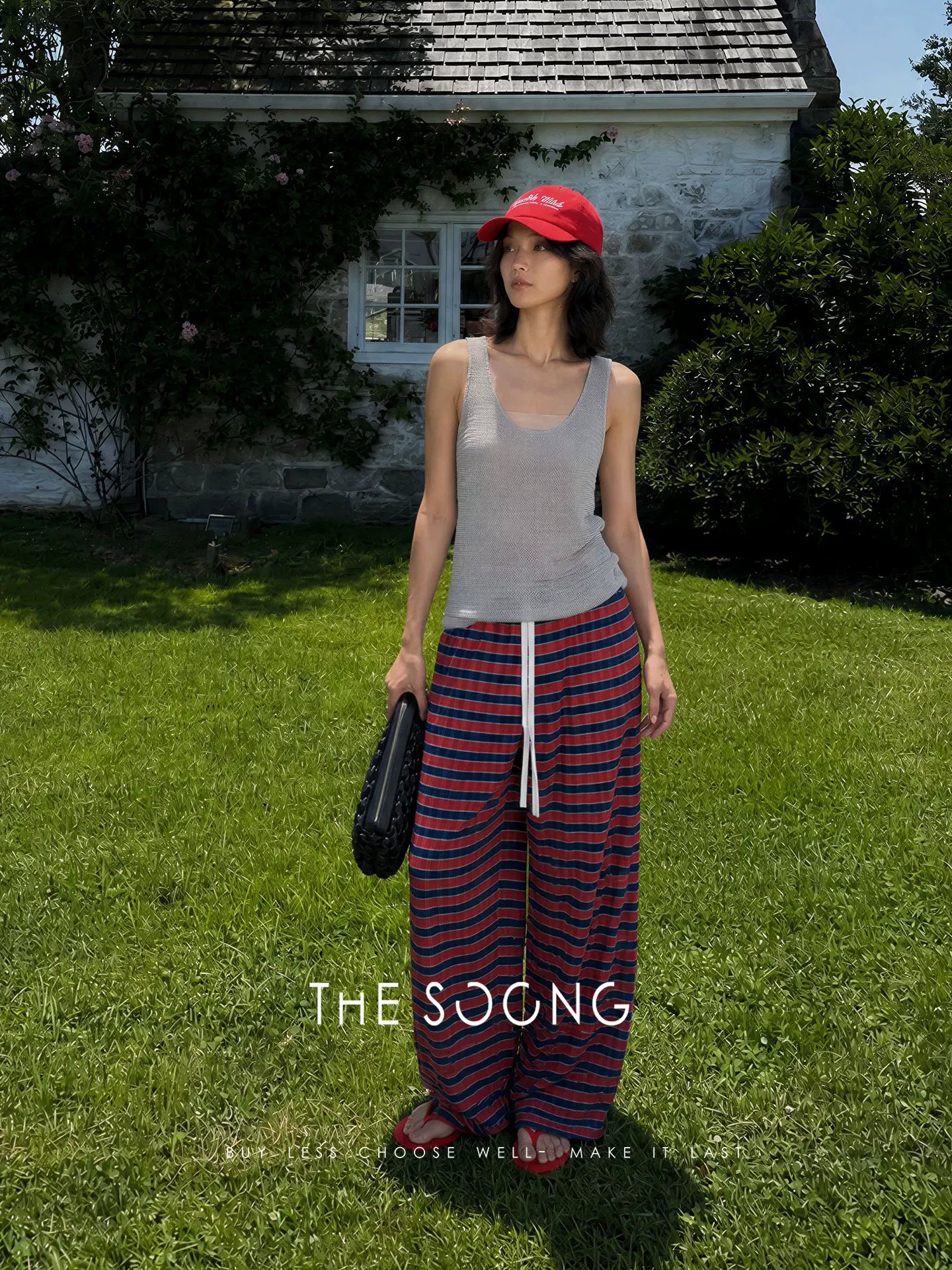 THESOONG/Red and Blue Plaid Straight-Leg Pants for Women, Summer Thin Eco-Dye Recycled Fiber Long Pants HWKZ9315